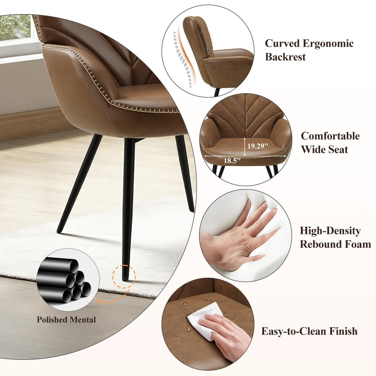 MALOL Mid-Century Modern Faux Leather Accent Chair for Living Room, Upholstered Armchair with Curved Ergonomic Back, High-Density Cushion & Metal Legs, Lounge Chair for Bedroom/Reading Corner