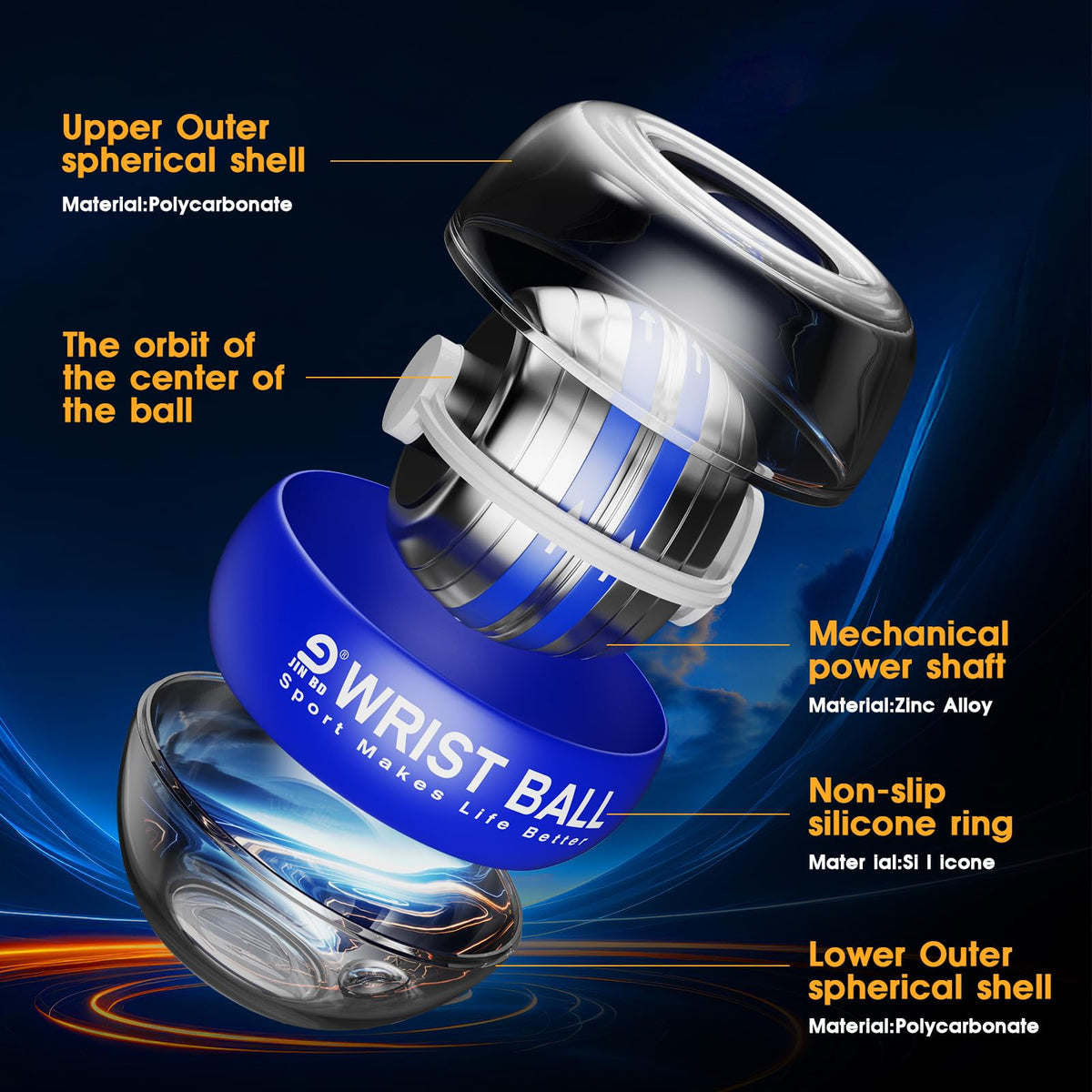 JIN BD Auto-Start Gyro Ball Wrist Trainer, Gyroscopic Forearm Exerciser for Strengthening Arms, Fingers and Muscles (Blue No Light)