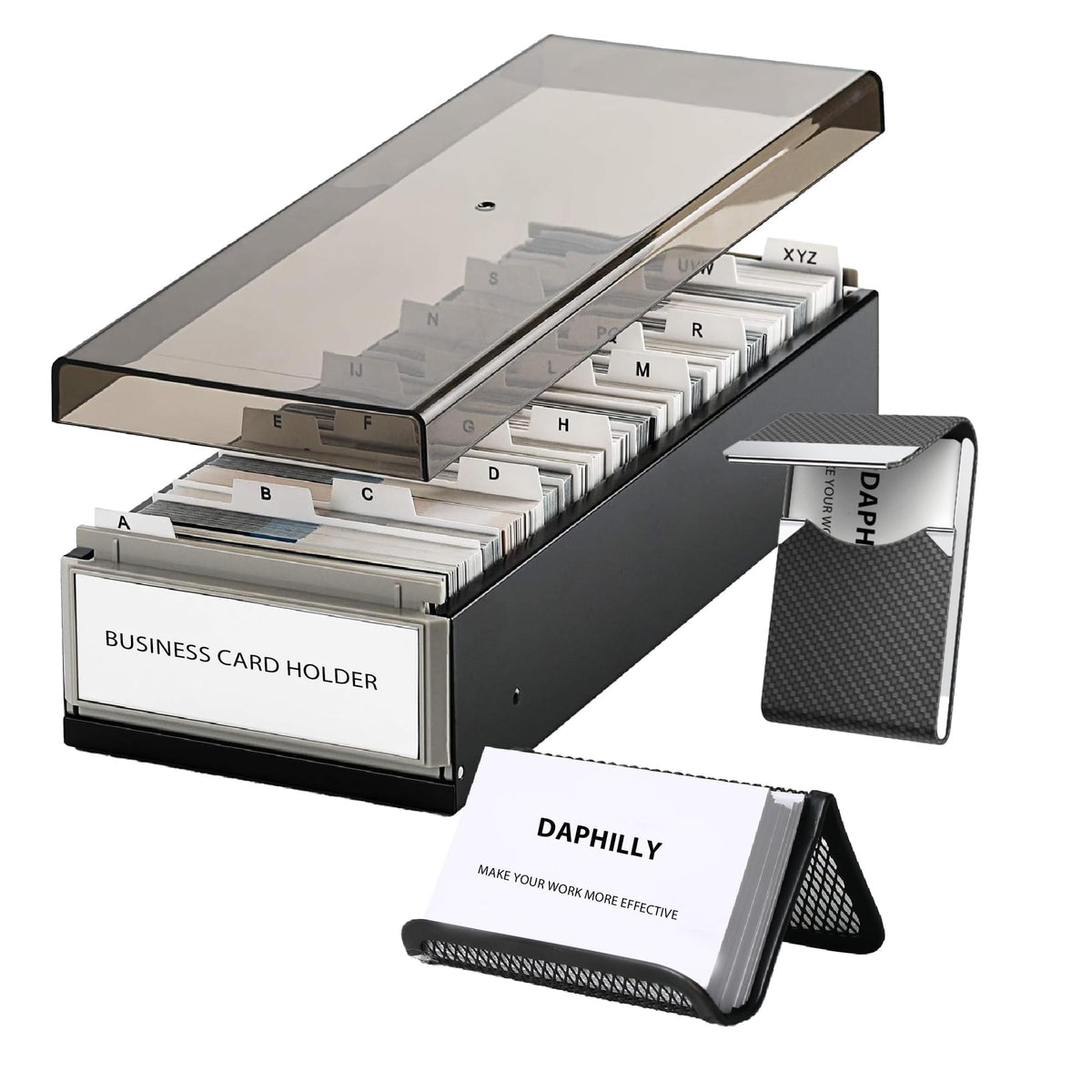 Daphilly Business Card Holder for Desk, Business Card Holder Organizer, Credit Card Organizer Case File Index Card Box Storage,with A-Z Tabs, Storage up to 800 Cards (3.5” x 2.2”), Metal Structure