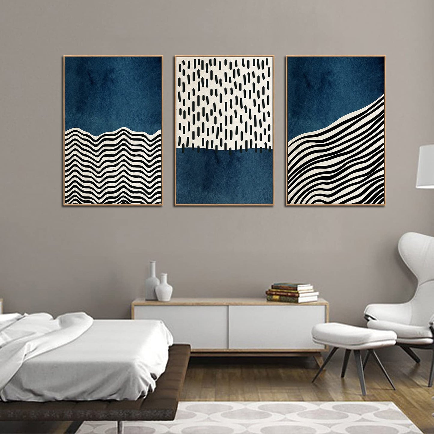 Framed Wall Art Canvas Set Mid Century Boho Picture Modern Abstract Geometric Lines Wall Decor Minimalist Black Indigo Canvas Painting Artwork Living Room Bedroom Home Office 24"x36"x3 Natural