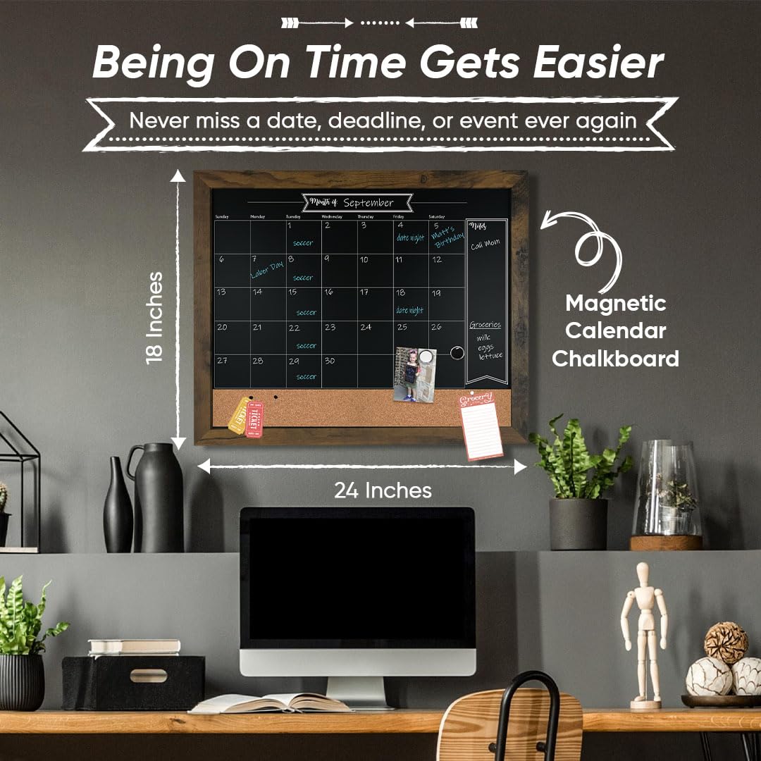 Loddie Doddie Chalkboard Calendar & Bulletin Board - 18 x 24 in, Rustic - Easy-Clean Calendar Chalkboard for Wall - Menu Sign for Meal Planning - Magnet Display for Photos & Souvenirs