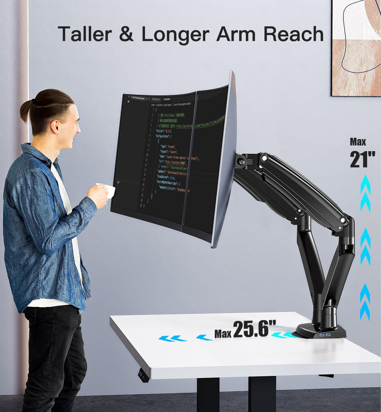 HUANUO 13 to 40 Inch Dual Monitor Arm for 2 Ultrawide Screens, Height Adjustable Full Motion Stand with 2 USB Port, VESA 75/100mm Mount, Holds up to 26.4lbs per Arm, Black
