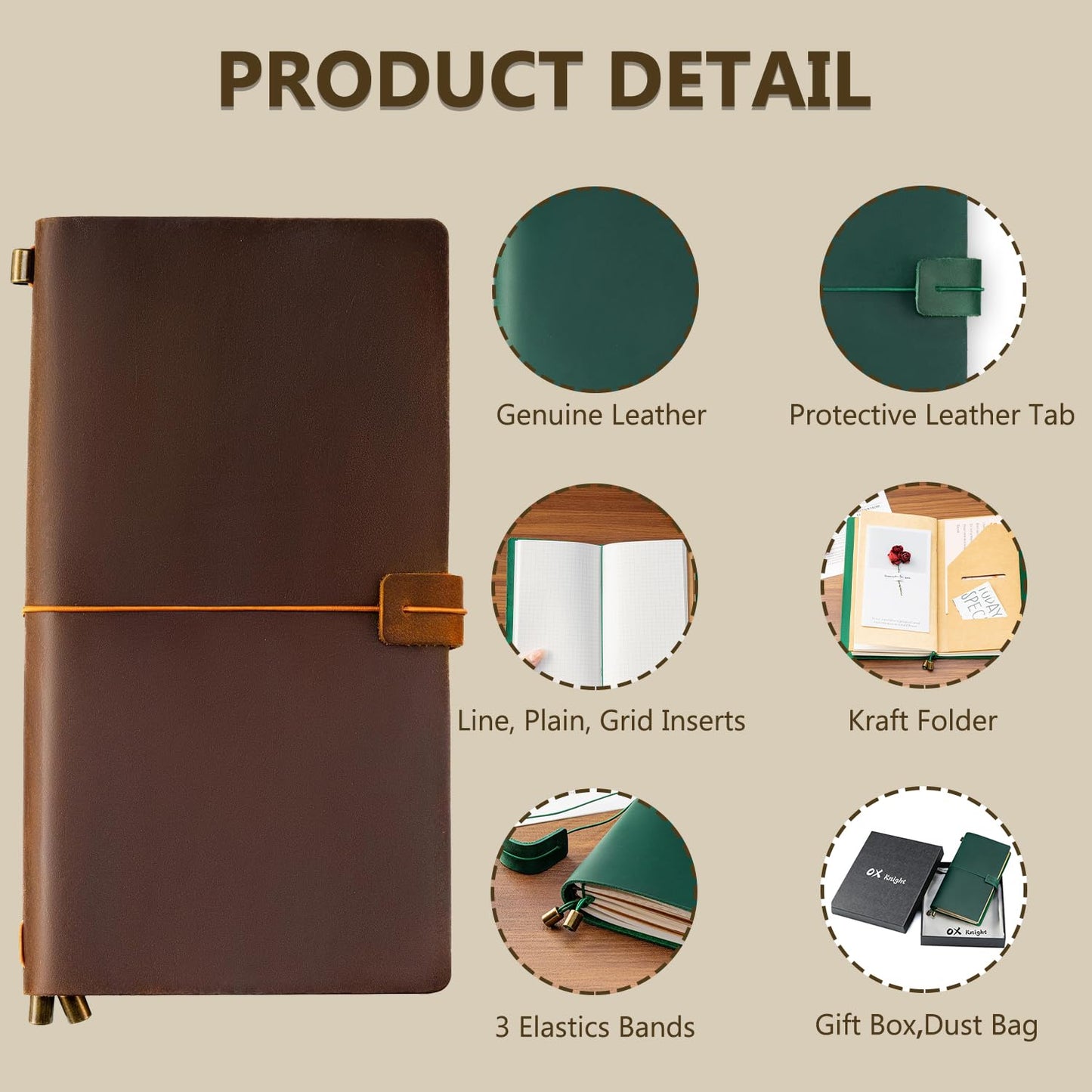 Ox Knight Refillable Leather Travelers Notebook, 8.6 x 4.9 Standard Size Travel Diary for Men and Women, Genuine Leather Travel Journal with 3 Notebook Inserts for Writing, Sketching & Planning, Dark Brown