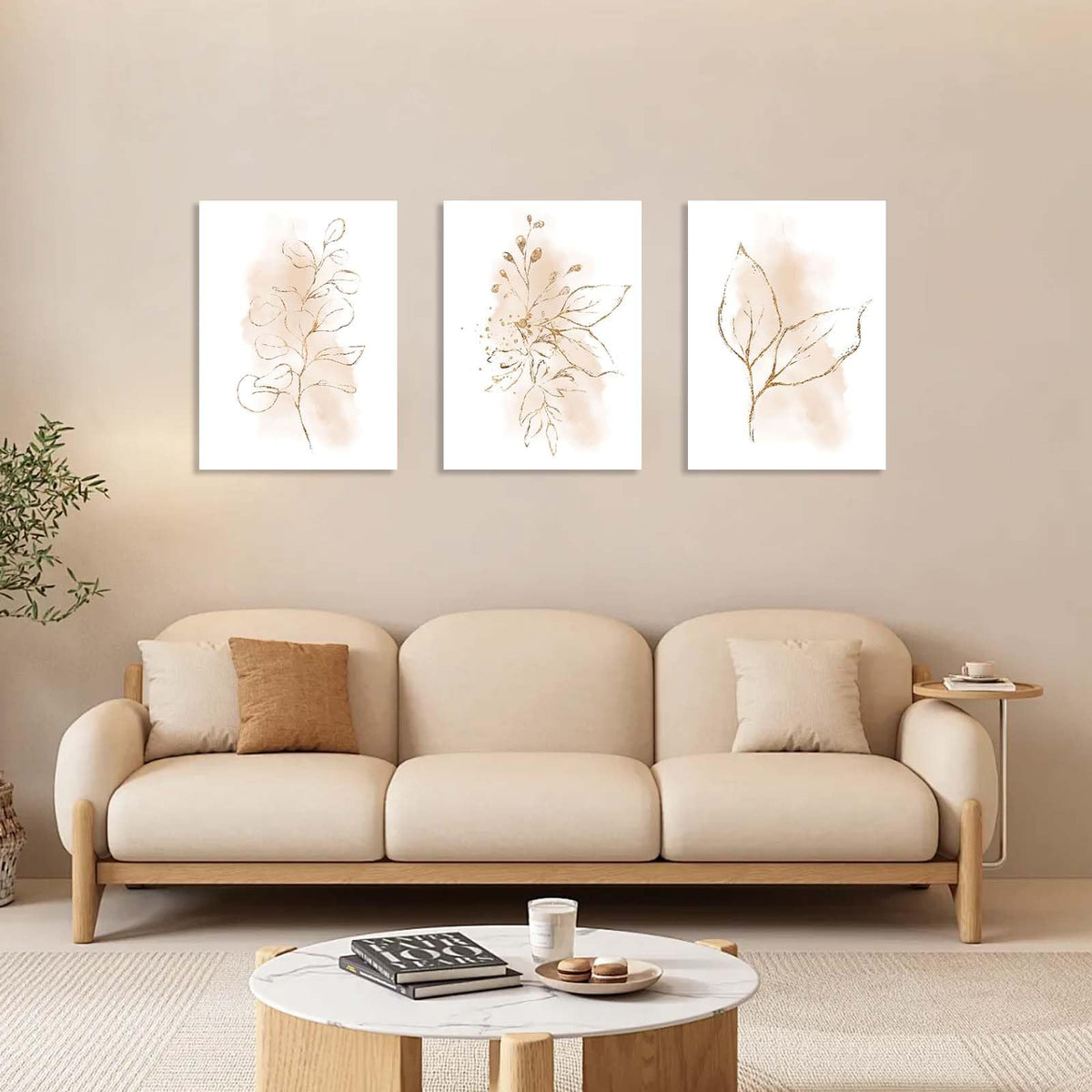 3 Piece Wall Art Framed Canvas Wall Art Neutral Botanical Line Drawing Pictures Wall Decor Beige Minimalist Leaf Artwork for Living Room Bedroom Bathroom Office – Ready to Hang with Hooks and Nails, 12x16 Inch
