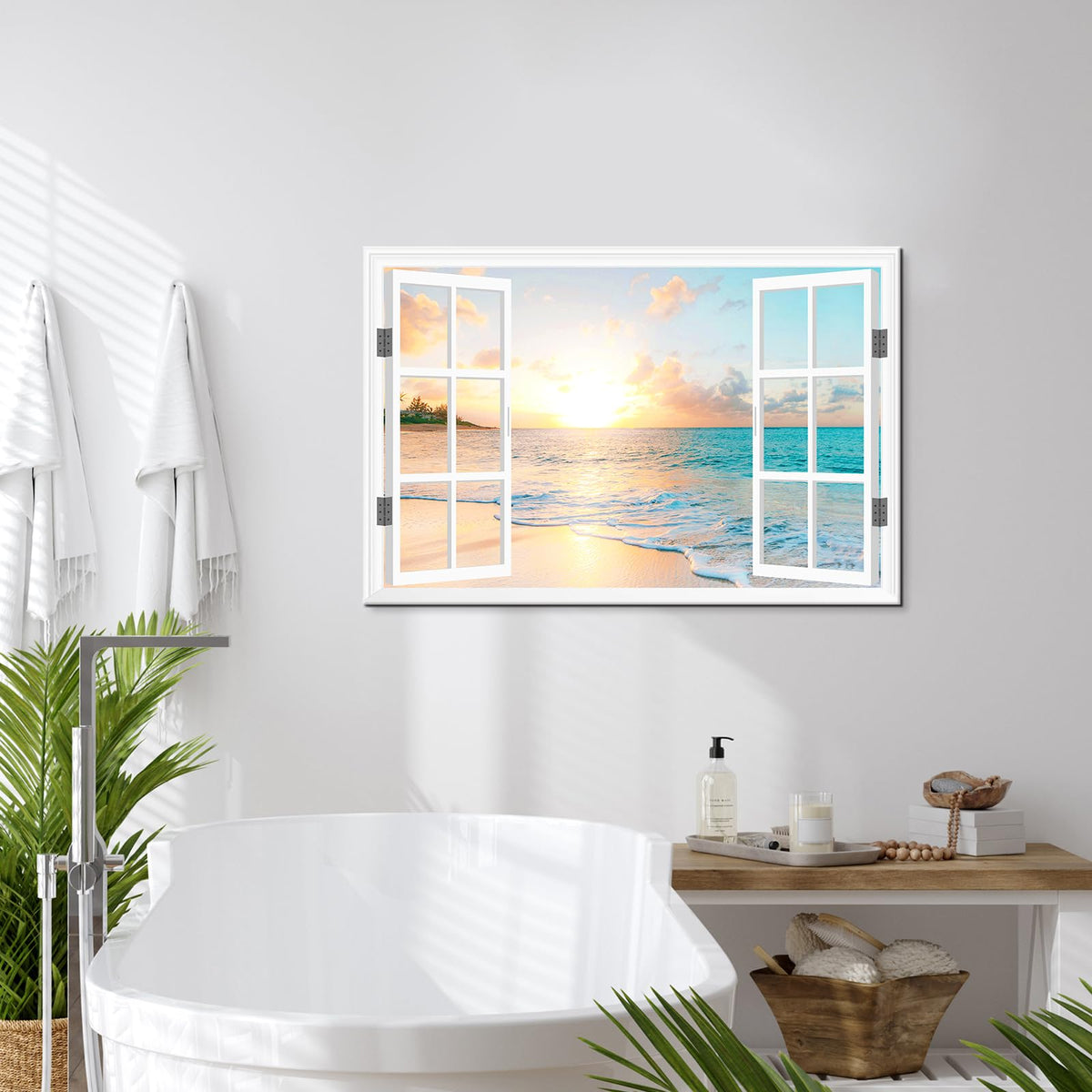 Goldfoilart Ocean Beach Sunset Canvas Wall Art for Bedroom Window Pictures Seagull Seascape Paintings Coastal Picture Framed Artwork for Bathroom Living Room Office Decor 36" x 24"