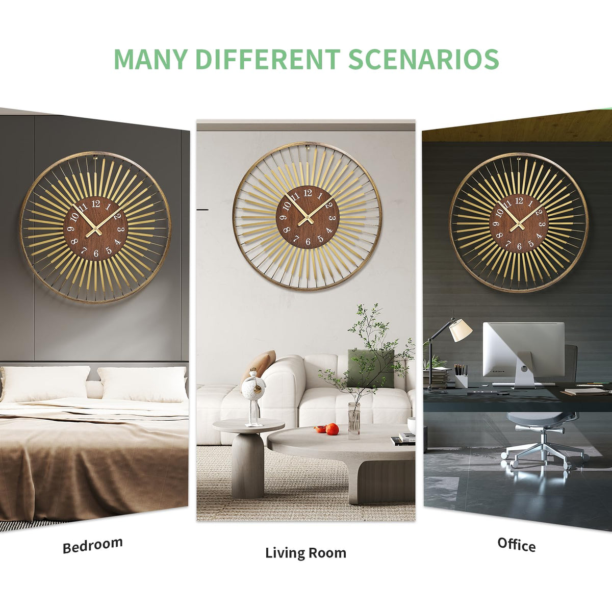 XGGJWW 24 Inch Mid-Century Modern Wall Clock, Round Frame Metal Design with Walnut Wood Center, Silent Quartz Movement, Gold-Tone Accents – Decorative Wall Clock for Living Room, Bedroom, and Office