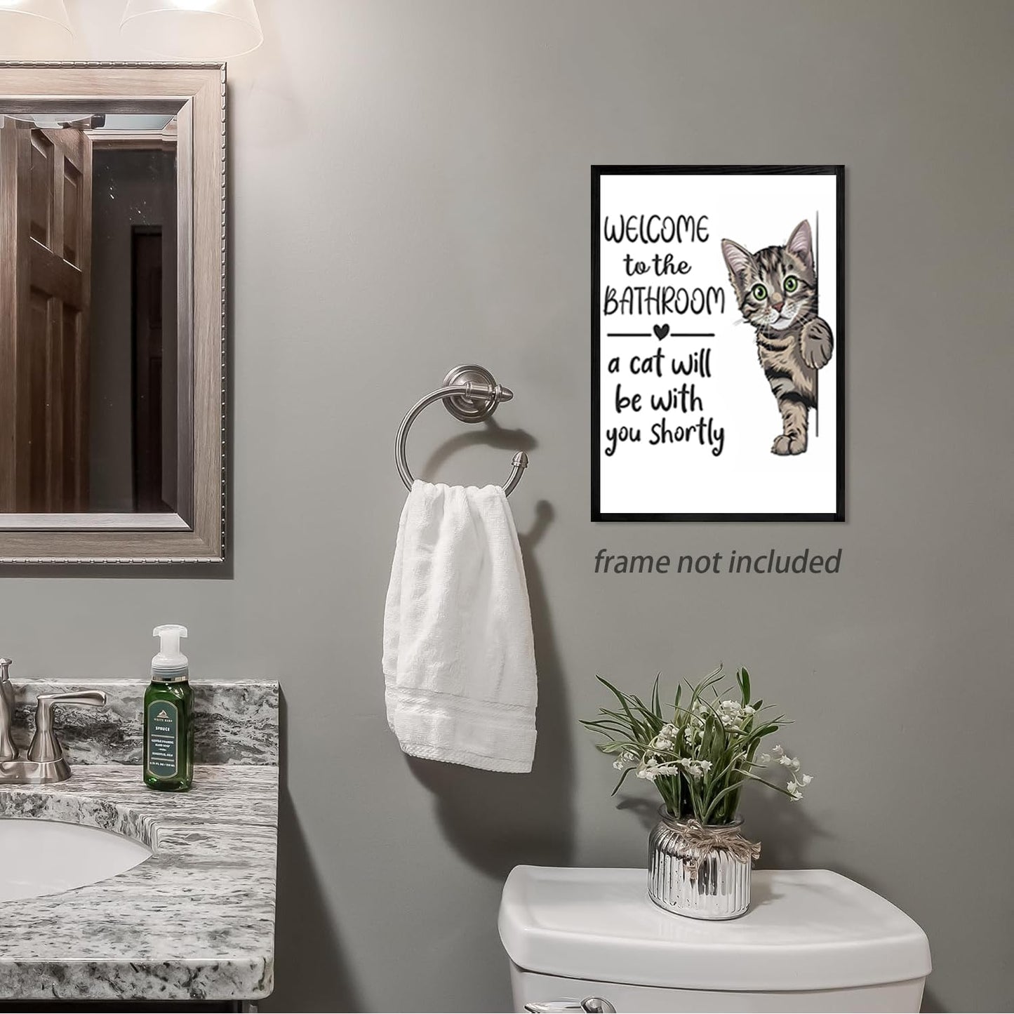 HNNXAR Funny Cat Bathroom Wall Art,Welcome To The Bathroom A Cat Will Be With You Shortly Paintings Posters,Black and White Funny Animal Canvas Pictures Prints Wall Decor 16x24in Unframed