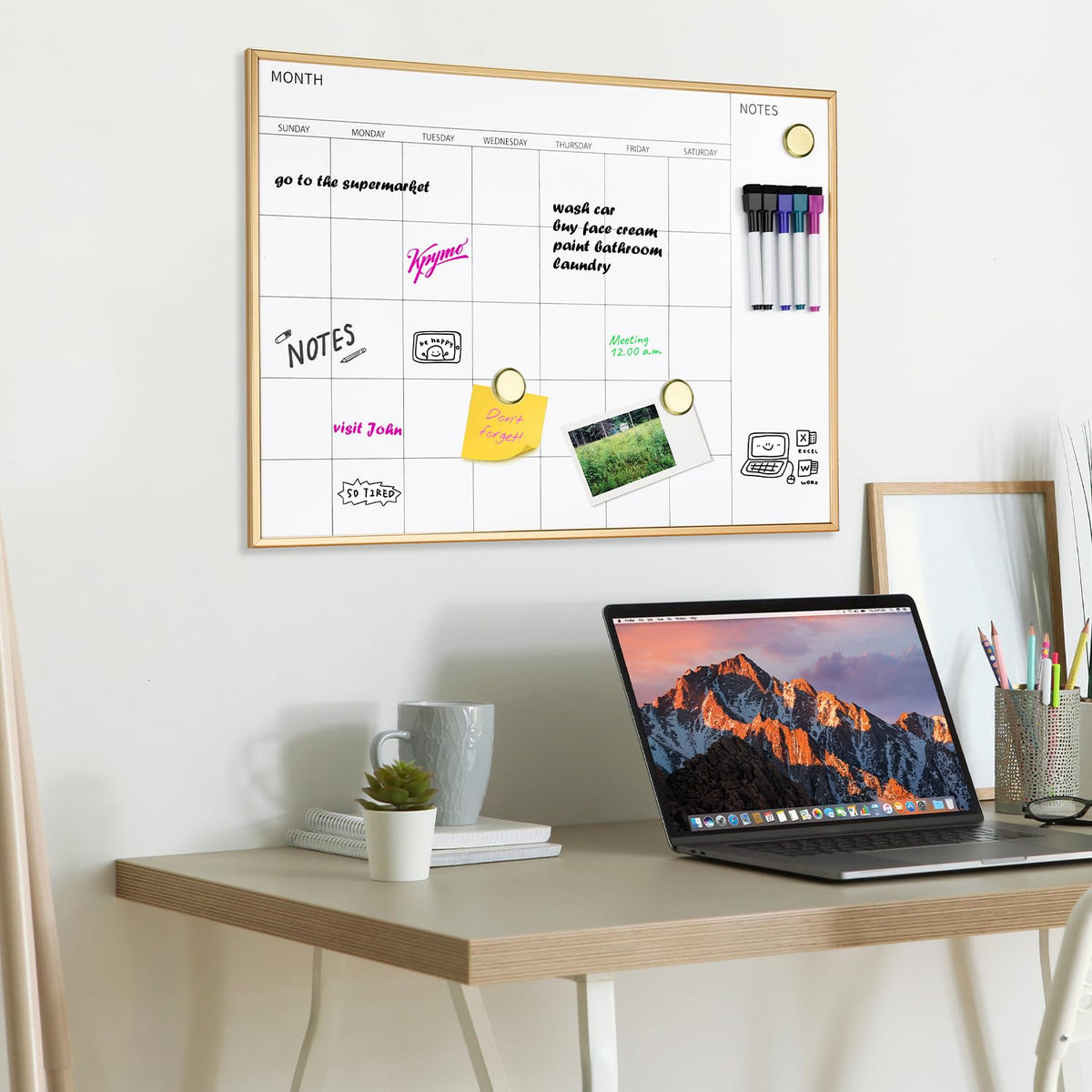 Magnetic Monthly Calendar Whiteboard, 17'' x 13'' Dry Erase Calendar for Wall Office School Home, Gold Wooden Frame