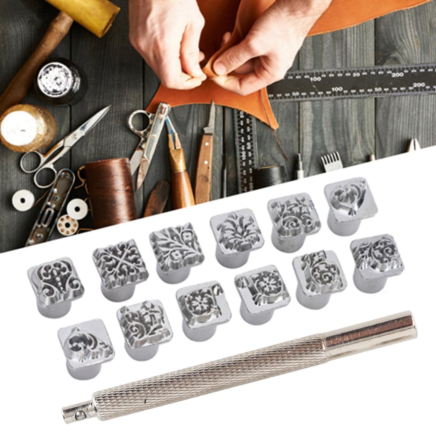 12PCS Leather Stamping Tools, 12 Patterns Zinc Alloy Leather Craft Stamps Punch Set Tool, Flower Design Leather Stamper for Leather Craft DIY Jewelry Marking
