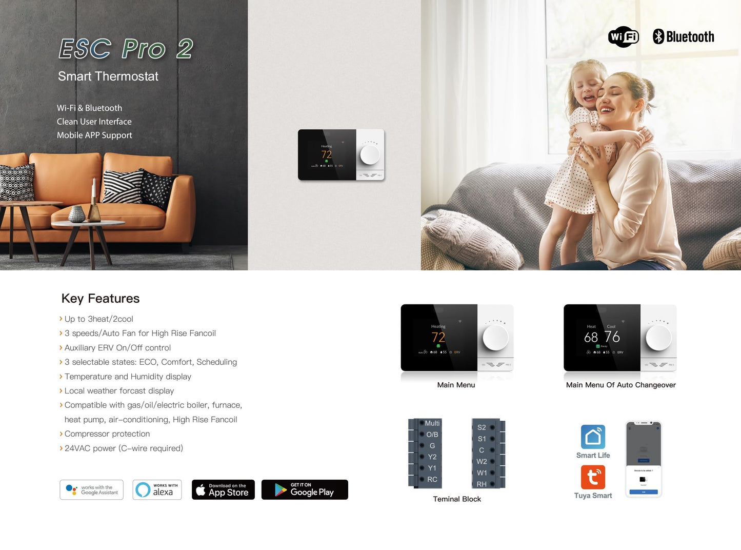 Wi-Fi Smart Thermostat Programmable - Compatible with Alexa, Google Assistant - High Rise 3 Speeds Fan Coil - ERV/HRV On/Off - Smart Life, Tuya APP - ESC PRO 2, Small