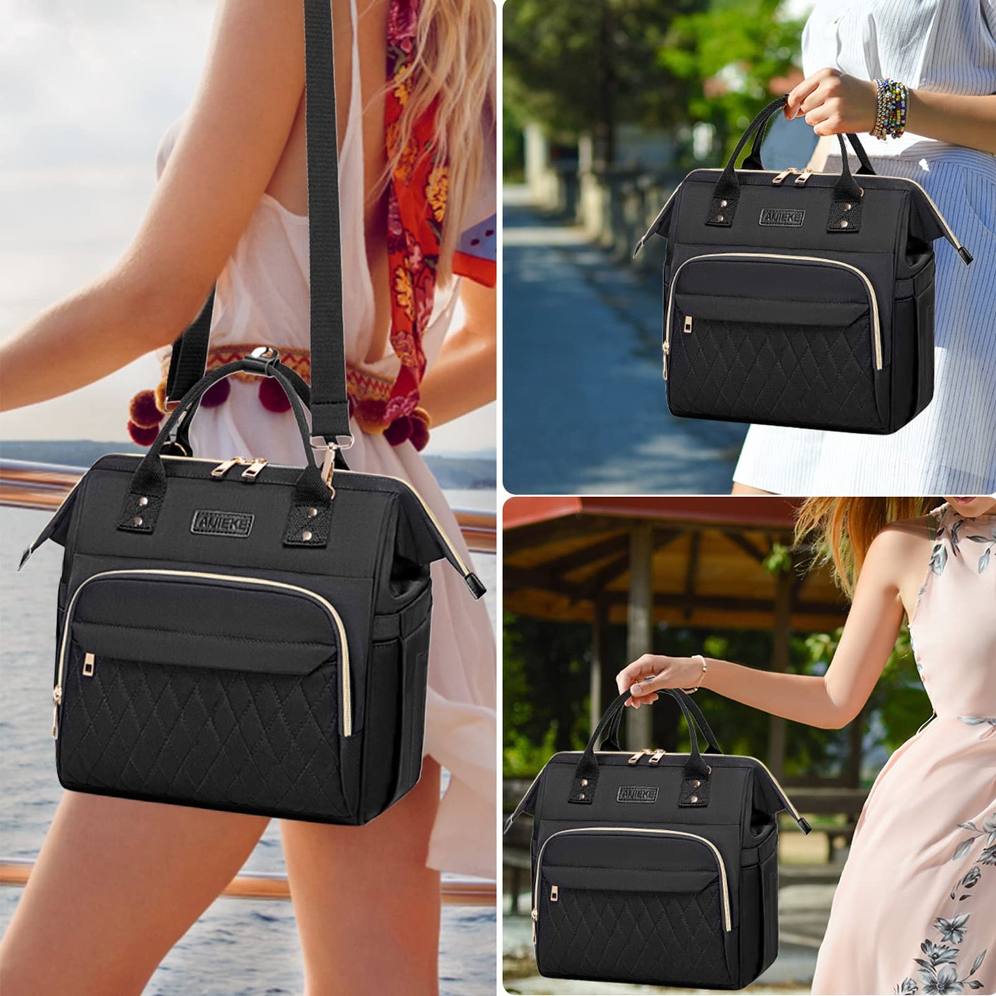 AIJIEKE Large Insulated Lunch Bag for Women, Stylish Leakproof Lunch Box for Work with Multi-Pockets & Adjustable Strap, Reusable Thermal Lunch Tote Cooler for Adult, Picnic, Beach, Black