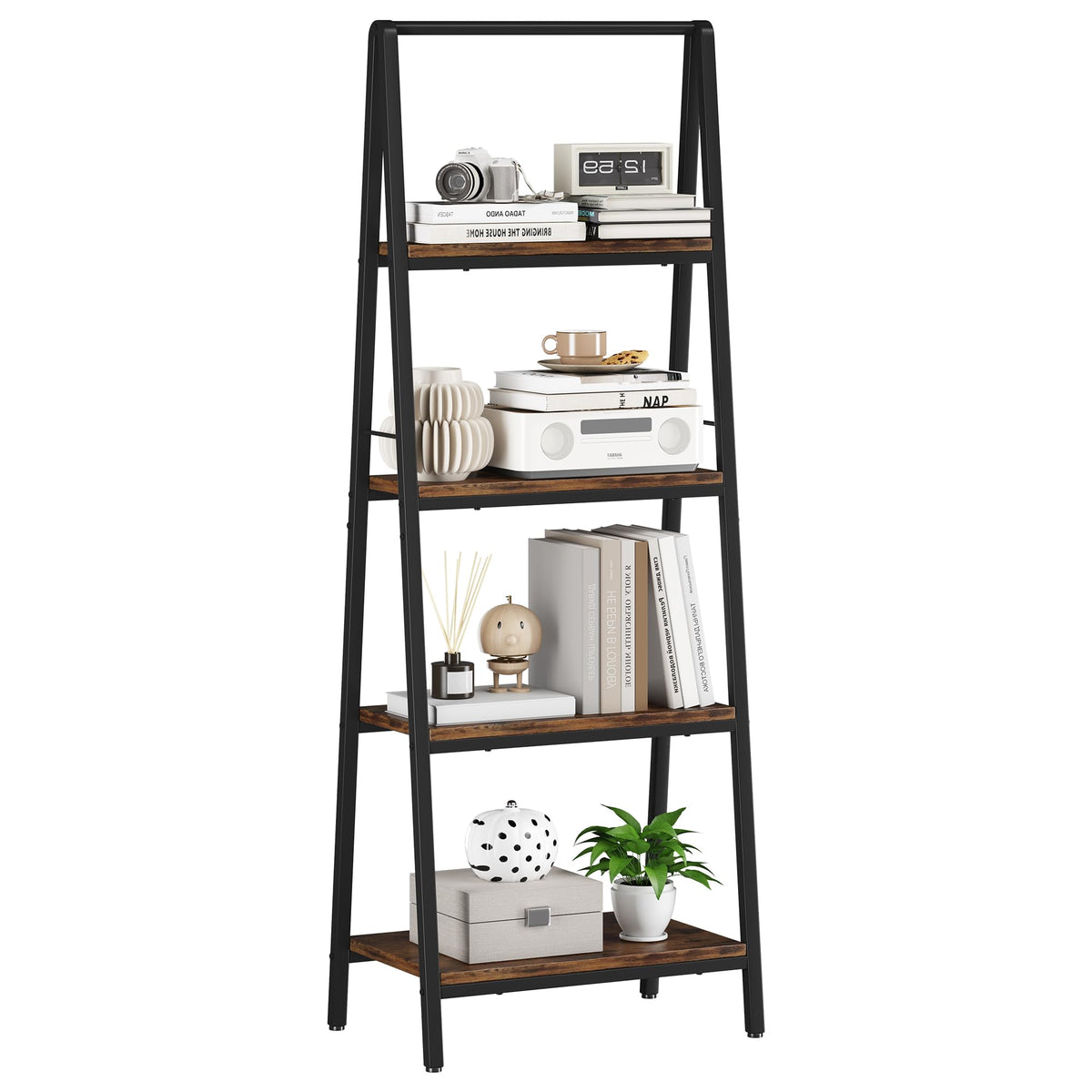 Homeiju Ladder Shelf, 4-Tier Leaning Ladder Bookshelf, Rustic and Wood Ladder Shelf Bookcase, Industrial Ladder Shelf Storage Rack for Home Office, Bedroom, Bathroom or Kitchen