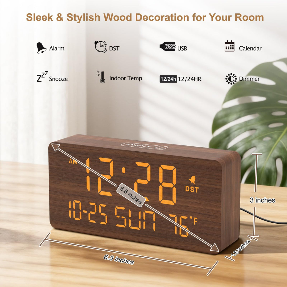 DreamSky Wooden Digital Alarm Clocks for Bedrooms - Living Room Desk Clock with Date and Day of Week, Temperature, USB Port, Dimmer Wheel, Adjustable Volume, Auto DST, Wood Decor for Office Table