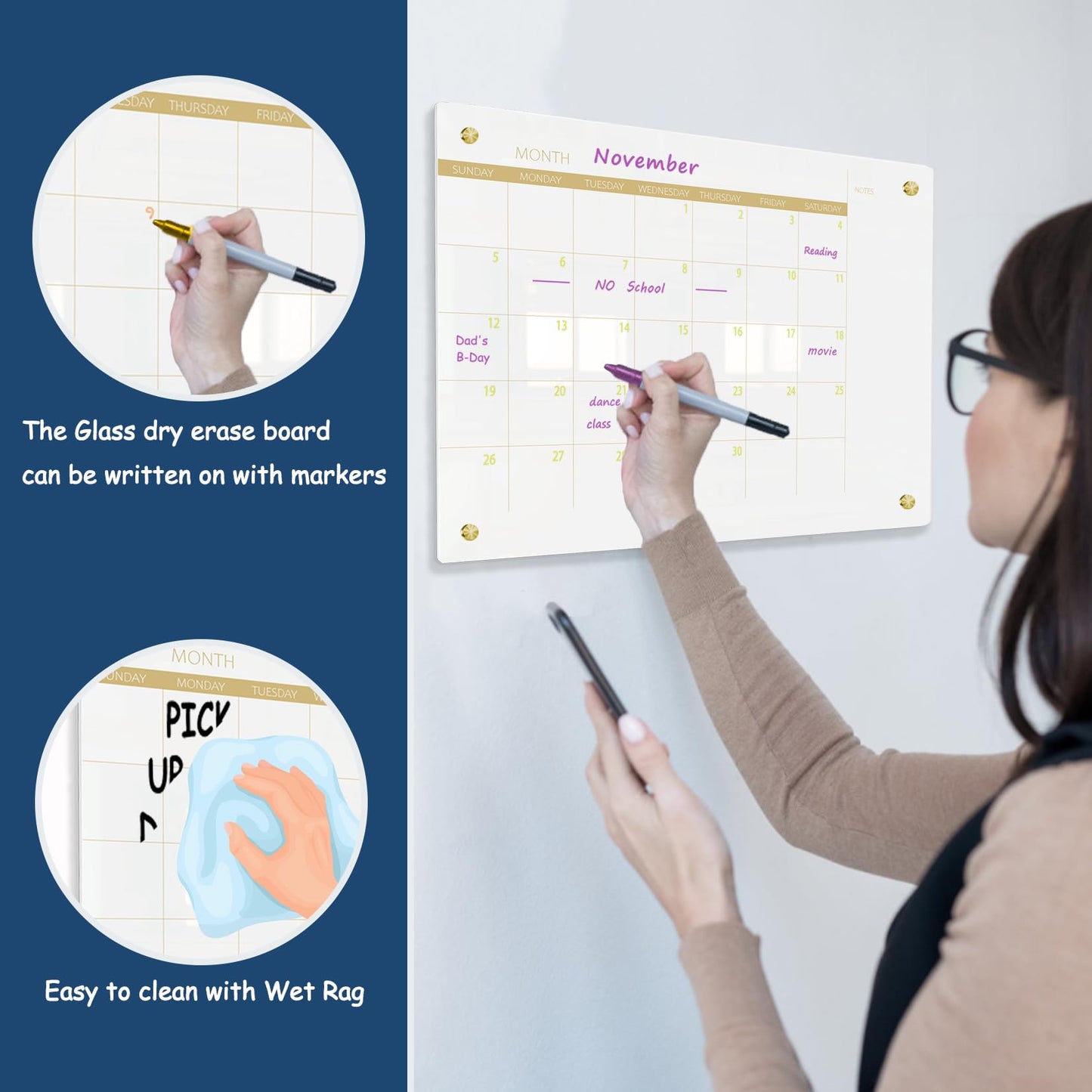 TORASO Glass Dry Erase White Board Monthly Calendar Board, Glass WhiteBoard for Wall, 11.8"x15.7", Planner Board for Home, Office, Schoo（ Monthly-WH-3040）