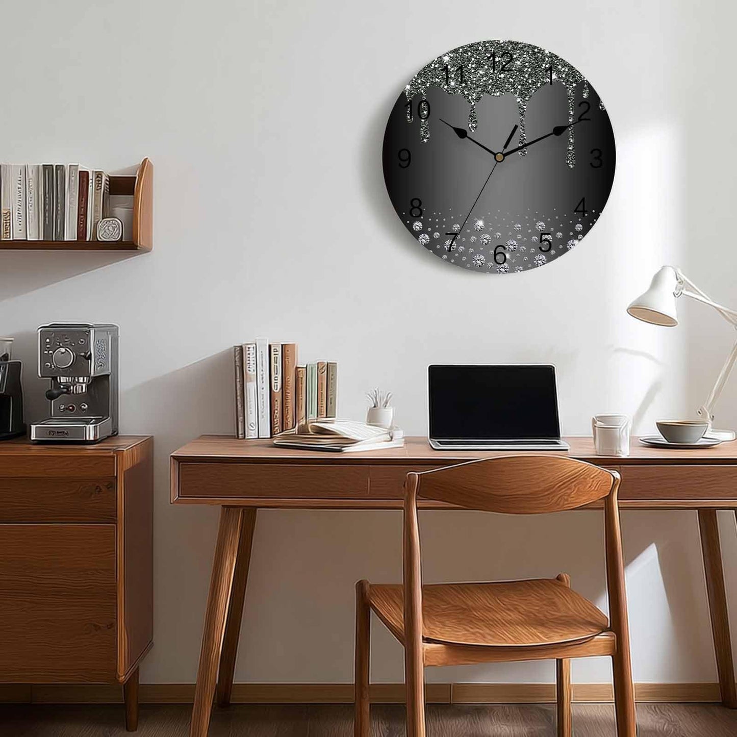 LooPoP Wall Clock Black Diamond Clocks PVC Silent Non-Ticking Battery Operated Decorative Luxury Bling Water Drop Round Clock for Home Living Room Kitchen Bedroom Office School Wall Decor 10 Inch