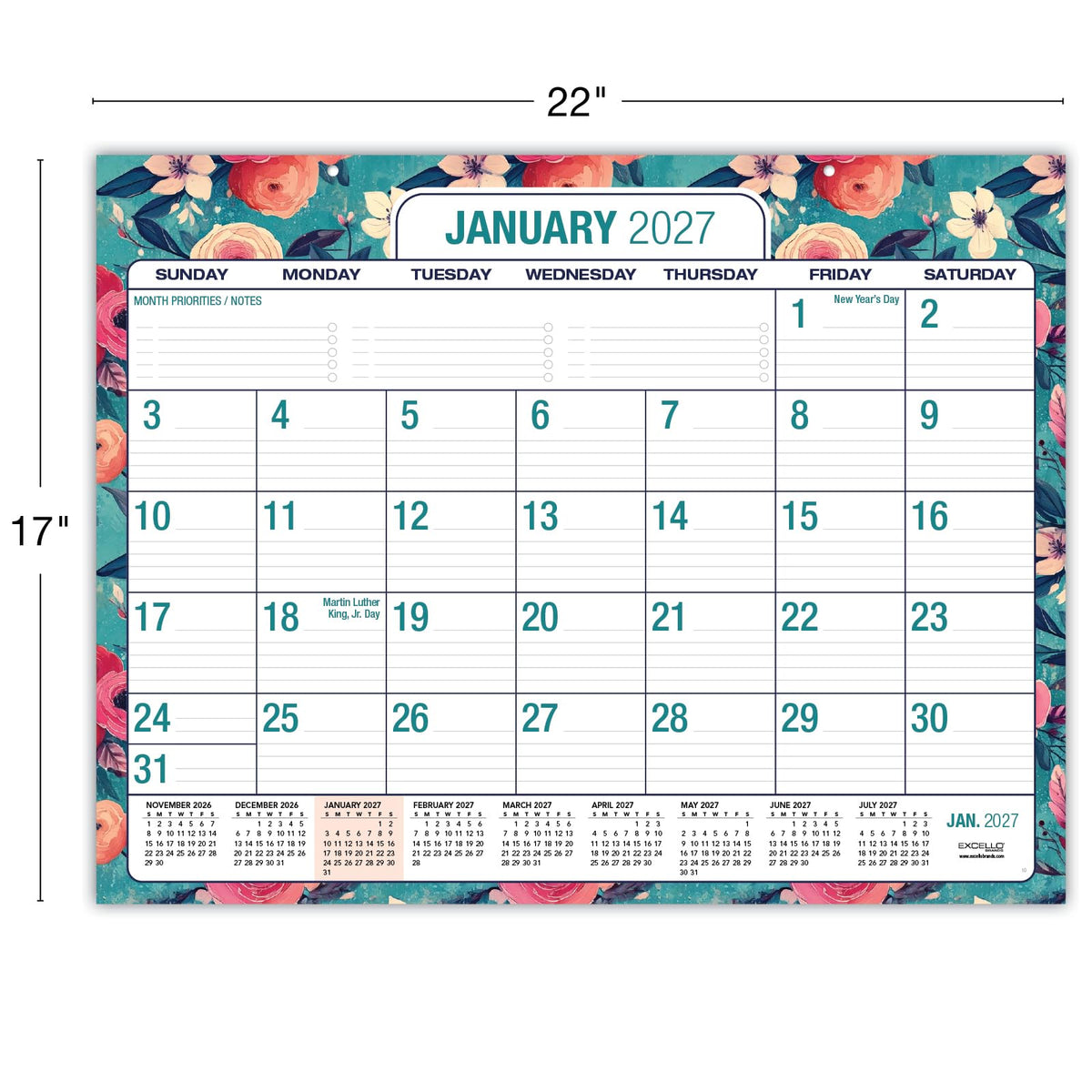 Desk PAD: 22" x 17" Large Print Desk Pad Calendar, APR 2026 - DEC 2027, 21 Months, (Teal Floral)