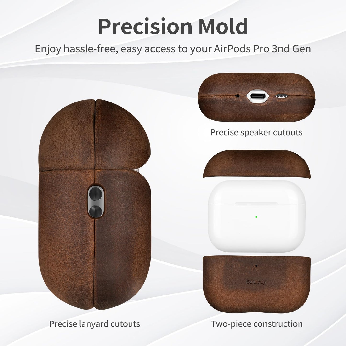 Belemay Handcrafted Crazy Horse Leather Case for AirPods Pro 3rd Gen (2025), Vintage Aesthetic, Two-Tone Effect, Unique Patina, Compatible with MagSafe, Compatible with Airpods Pro 3, Rustic Brown