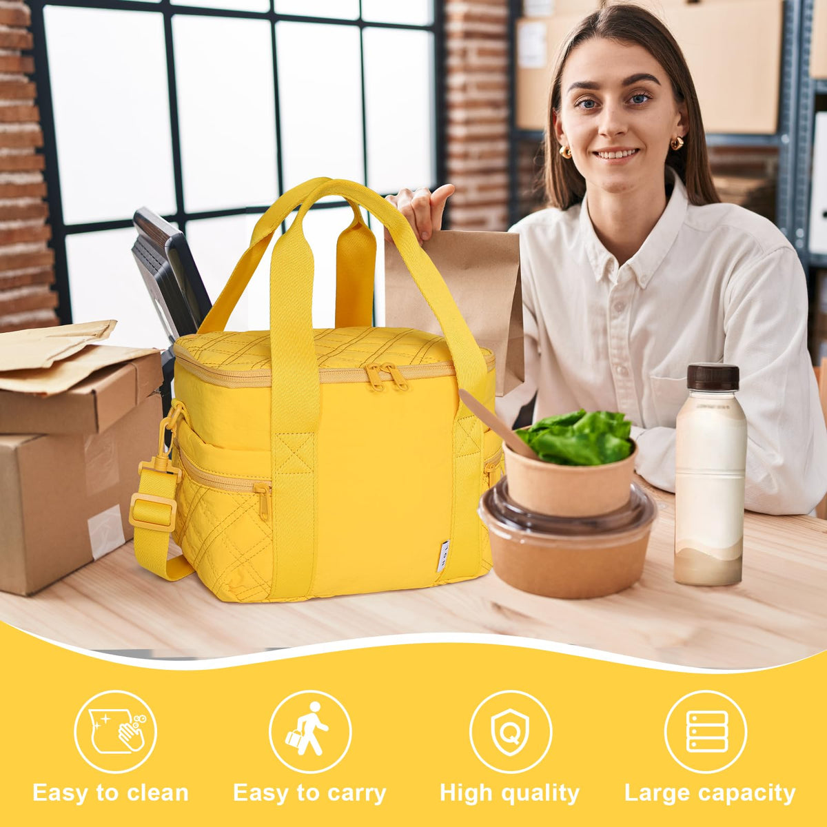 NOL Natural Organic Lifestyle Women's Nylon Lunch Cooler Cute Quilted Lunch Bag Large Leakproof Insulated Lunch Tote Bag for Work Picnic Travel,Earth-yellow
