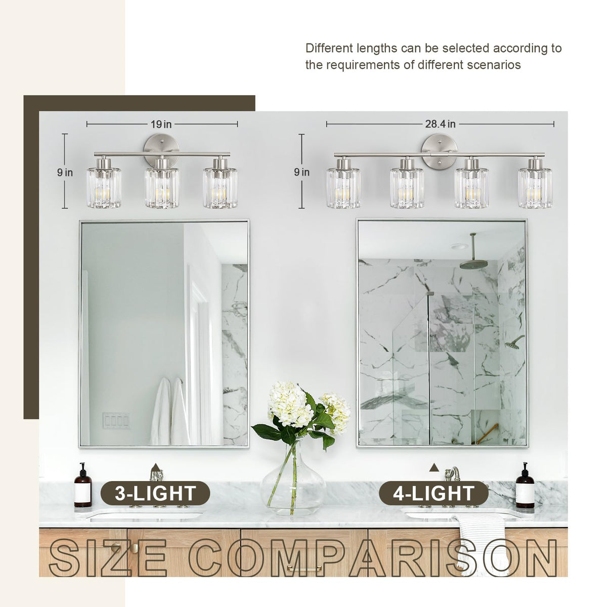 Kvhiiw Crystal Bathroom Light Fixtures, Bathroom Lighting Fixtures Over Mirror, Modern 3-Light Brushed Nickel Vanity Lights for Mirror, Restroom, Kitchen(Ceramic E26 Socket,Bulbs Not Include)