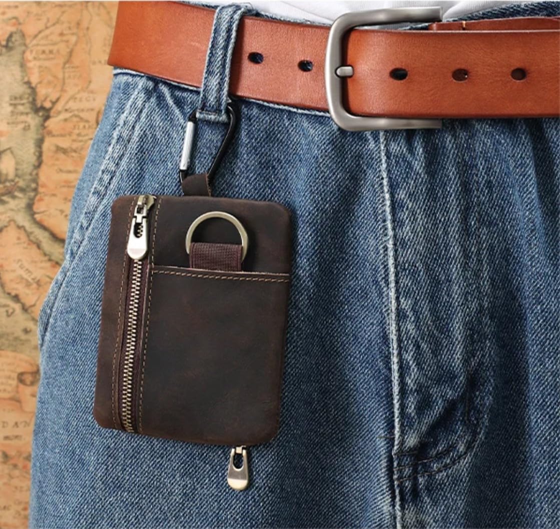 Men Genuine Top Grain Cow Leather Coin Purse with Key Ring & Clip. Retro Slim Minimalist Wallet Card Case (Coffee)