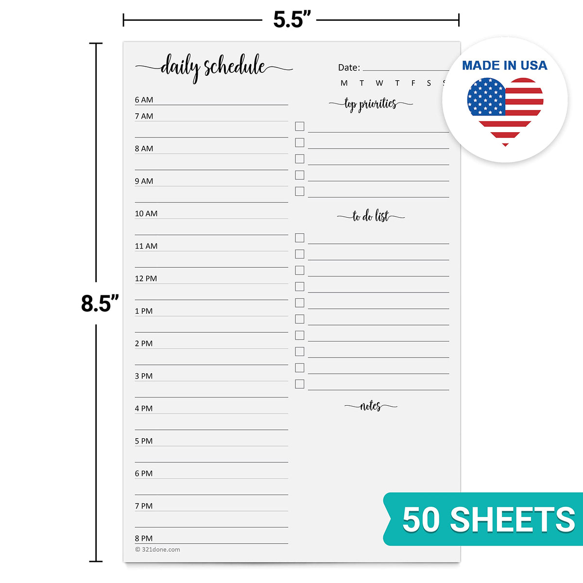 321Done Daily Schedule Planning Notepad - 50 Sheets (5.5x8.5) – Hourly Appointment Daily Planner To Do Checklist Tear-Off Note Pad - Made in USA - Simple Script Half-Letter Small Size