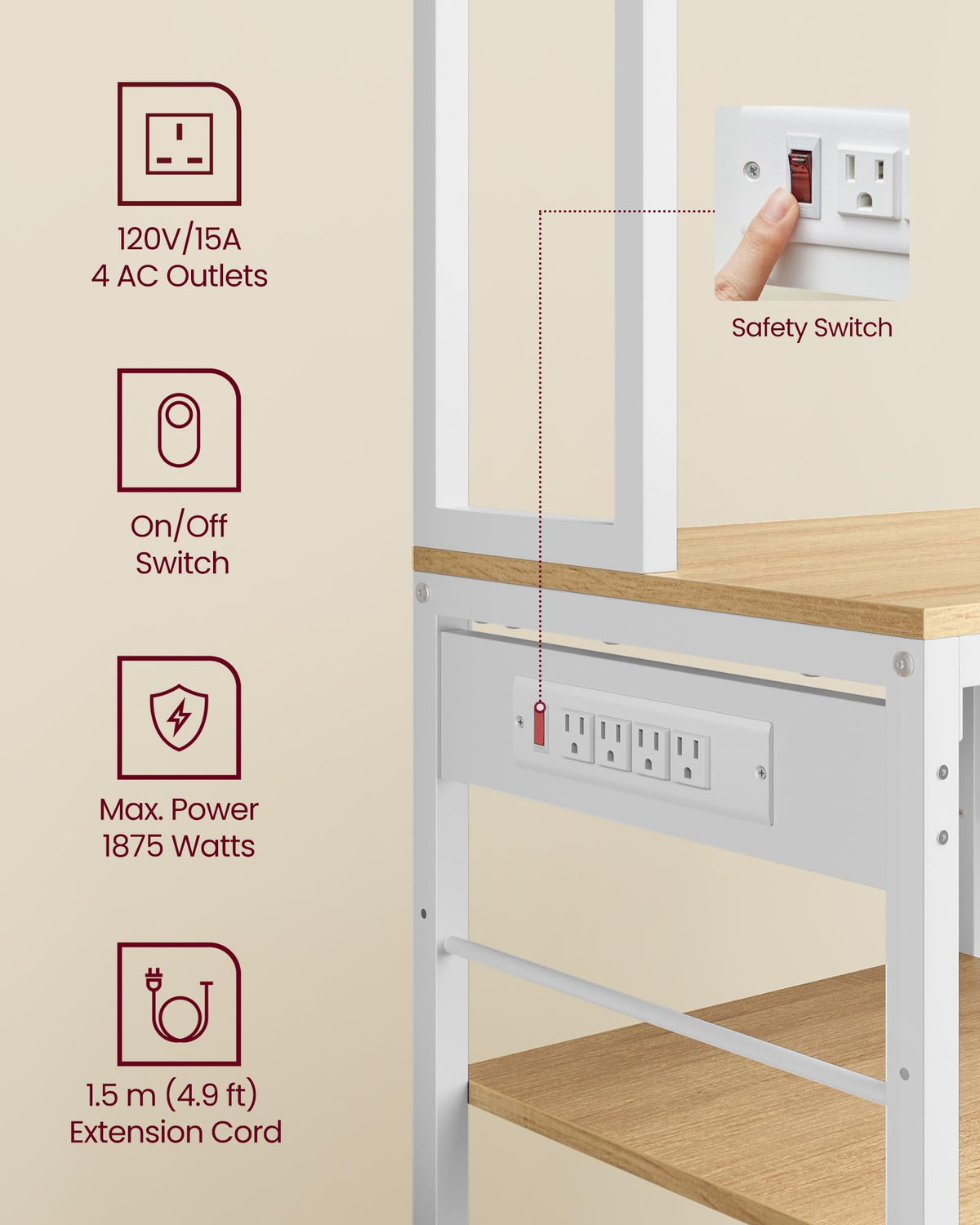 VASAGLE Bakers Rack with Charging Station, Coffee Bar, 15.7 x 31.5 x 71 Inches, Kitchen Microwave Stand, Adjustable Storage Shelves, Fabric Drawer, 12 Hooks, Golden Oak and Cloud White UKKS015Y03