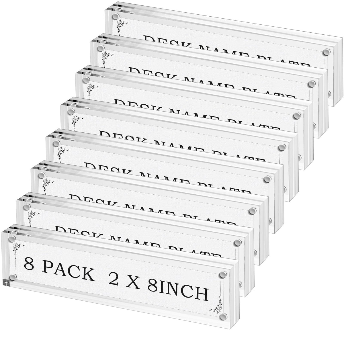 Geetery 8 Pcs Acrylic Office Desk Name Plate Personalized Clear Acrylic Block Double Sided Table Name Plate Holder Business Magnet Frame DIY Desktop Holder Accessories Decor (2" x 8")