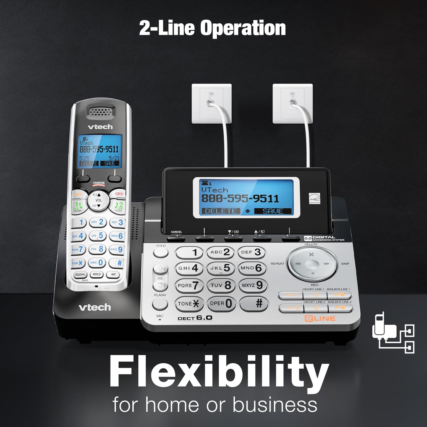 VTech DS6151-2 2-Line Expandable Cordless Phone System with 2 Handsets, Digital Answering System, Caller ID, DECT 6.0 - Home & Small Business (Black/Silver)