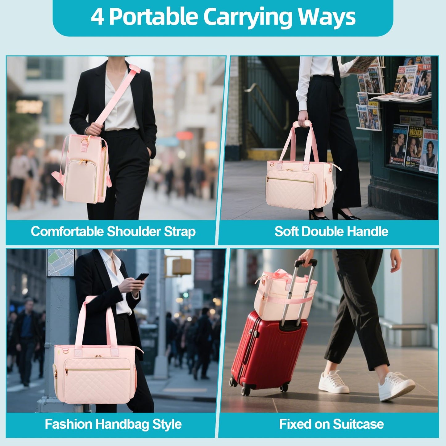 ahzske Lunch Work Tote Bag for Women with Accordion File Organizer Pocket, 3 in 1 Daily Tote Bag with Insulated Lunch Compartment& 15.6 Inch Laptop Compartment for Business Teacher Nurse (Pink)