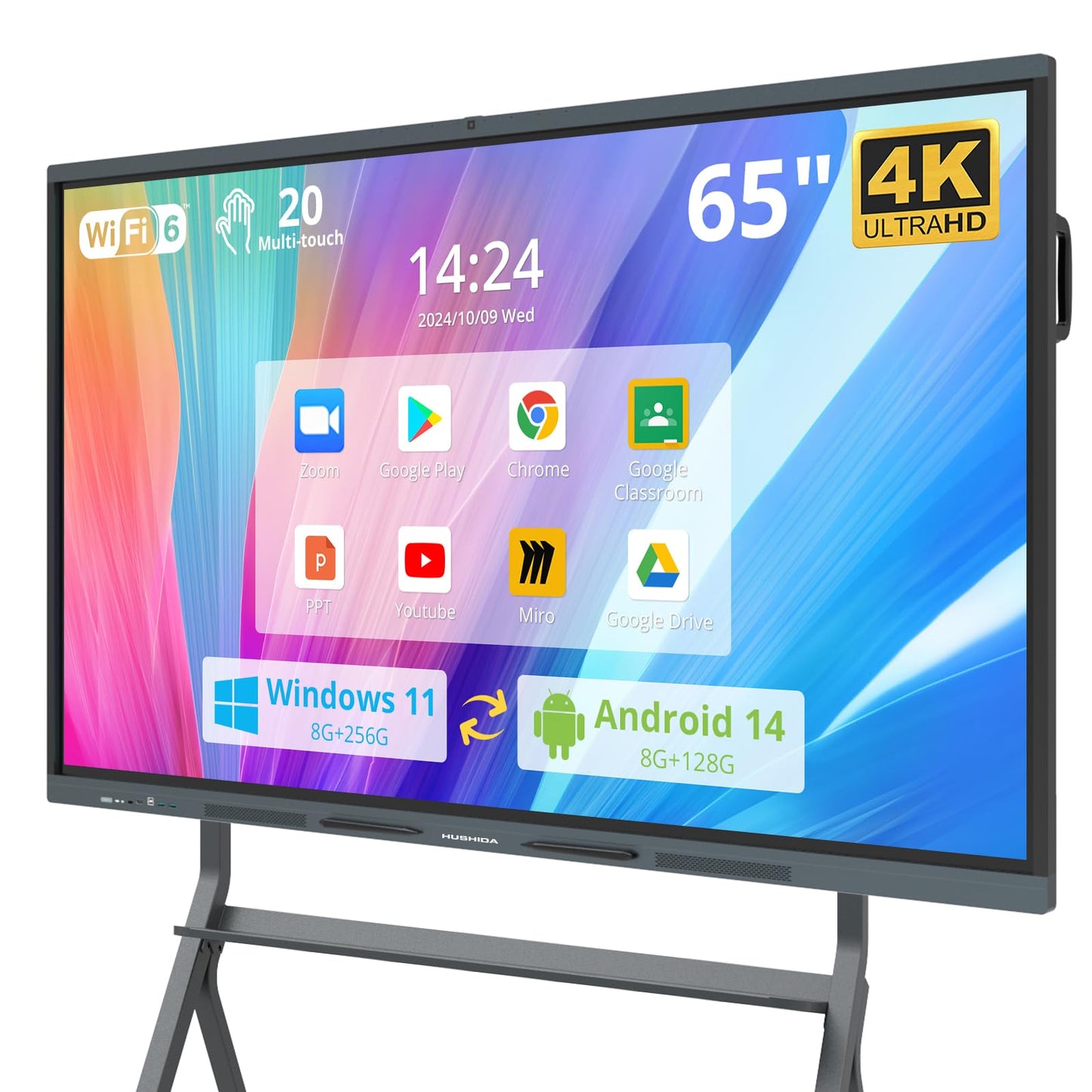 HUSHIDA 65 Smart Board, 4K UHD Interactive Whiteboard Built in Dual System and 48MP Camera, All in One Digital Whiteboard for Home, Classroom and Business (Wall Mount Included)