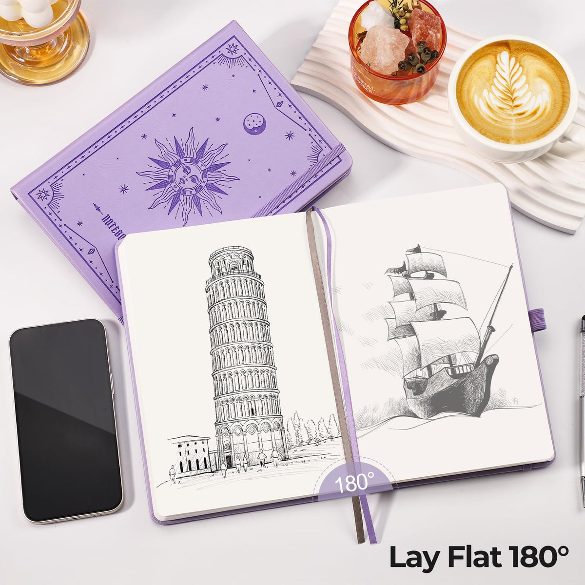 EMSHOI Blank Notebook Journal - 320 Pages, 100gsm Thick Paper, A5 Hardcover Leather, Art Sketchbook for Drawing, Unlined, Plain Sketch Book for Women Men Work Writing, 5.75 x 8.38, Light Purple