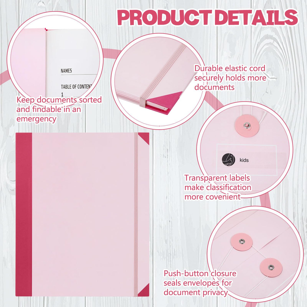 LemonSecret 2 Pack Important Document Organizer, Expanding File Binder with Sticky Notes, Paper Clips, Markers, Emergency Binder Folder for Important Papers, Certificates, Passport, Lifebook(Pink)
