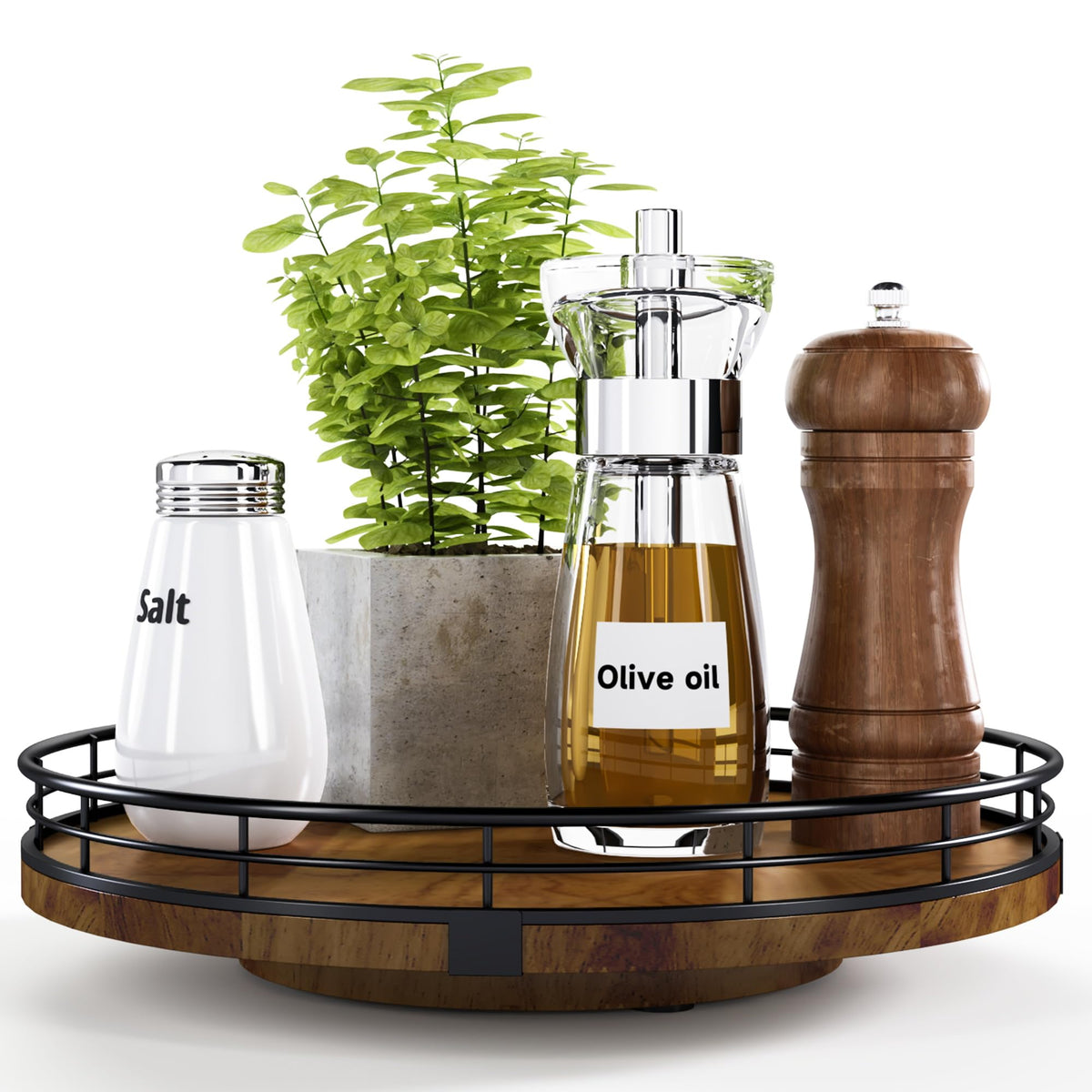 Farmhouse Oak 10" Lazy Susan Turntable Organizer for Cabinet, Round Wooden Lazy Susan Organization and Storage for Dining Table, Pantry, Kitchen, Countertop, Cupboard,Home Decor, Walnut Wood
