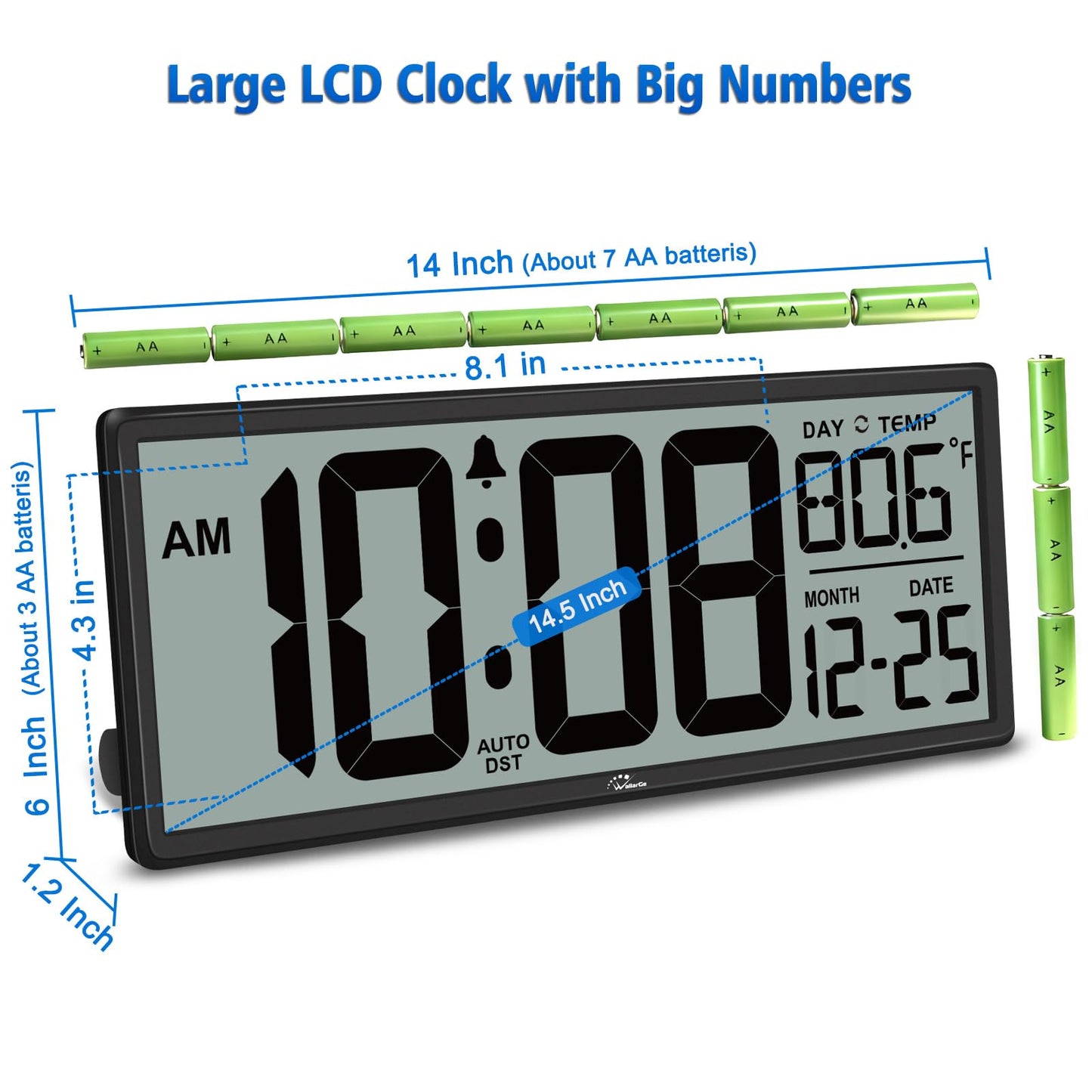 WallarGe 14.5'' Large Digital Wall Clock Battery Operated with Jumbo Numbers, Temperature and Date - Easy to Read and Set, Auto DST