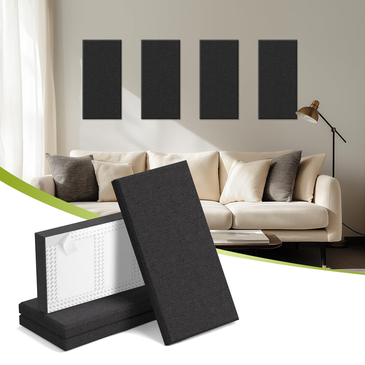 Laapee 4 PCS Acoustic Wall Panels, 23.6" x 11.8" Fiberglass Sound Absorbing Wall Panels with Easy Install & Class A Fire Rating, for Studio/Office/Home Theater & Gaming Rooms (Black)