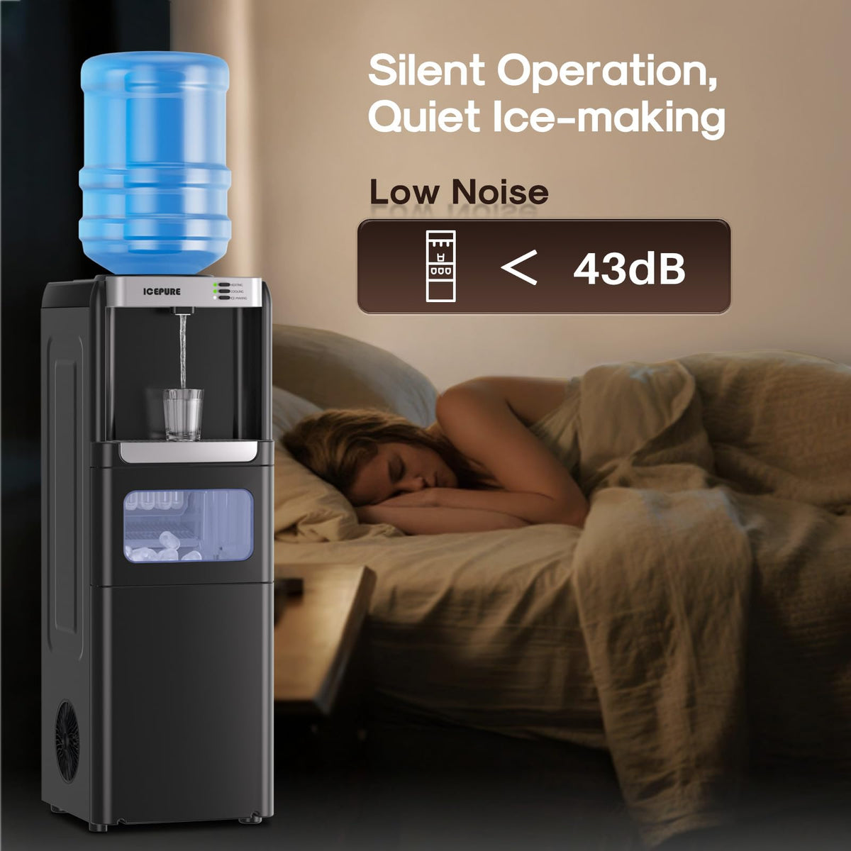 ICEPURE 3-in-1 Water Dispenser with Built-in Ice Maker, Water Cooler Dispenser for 5 Gallon Bottle Top Loading, Hot and Cold Water Dispenser with Child Lock for Home and Office, 33lbs/24H