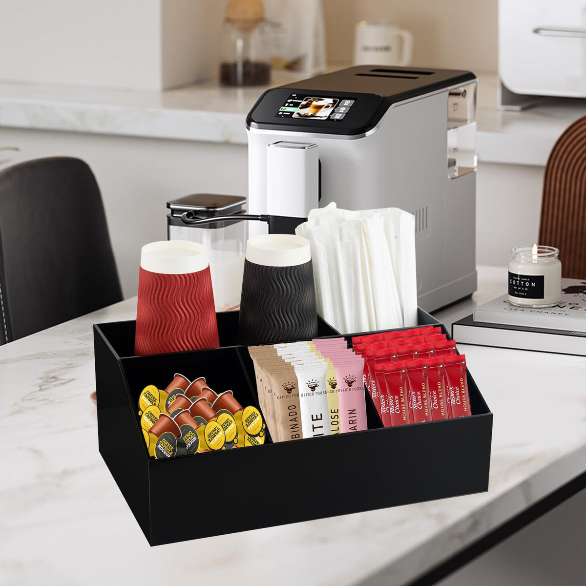 Watpot Coffee Bar Station Organizer for Countertop, Acrylic Coffee Pods Sugar Packets Tea Bags Storage Basket for Countertop, Black