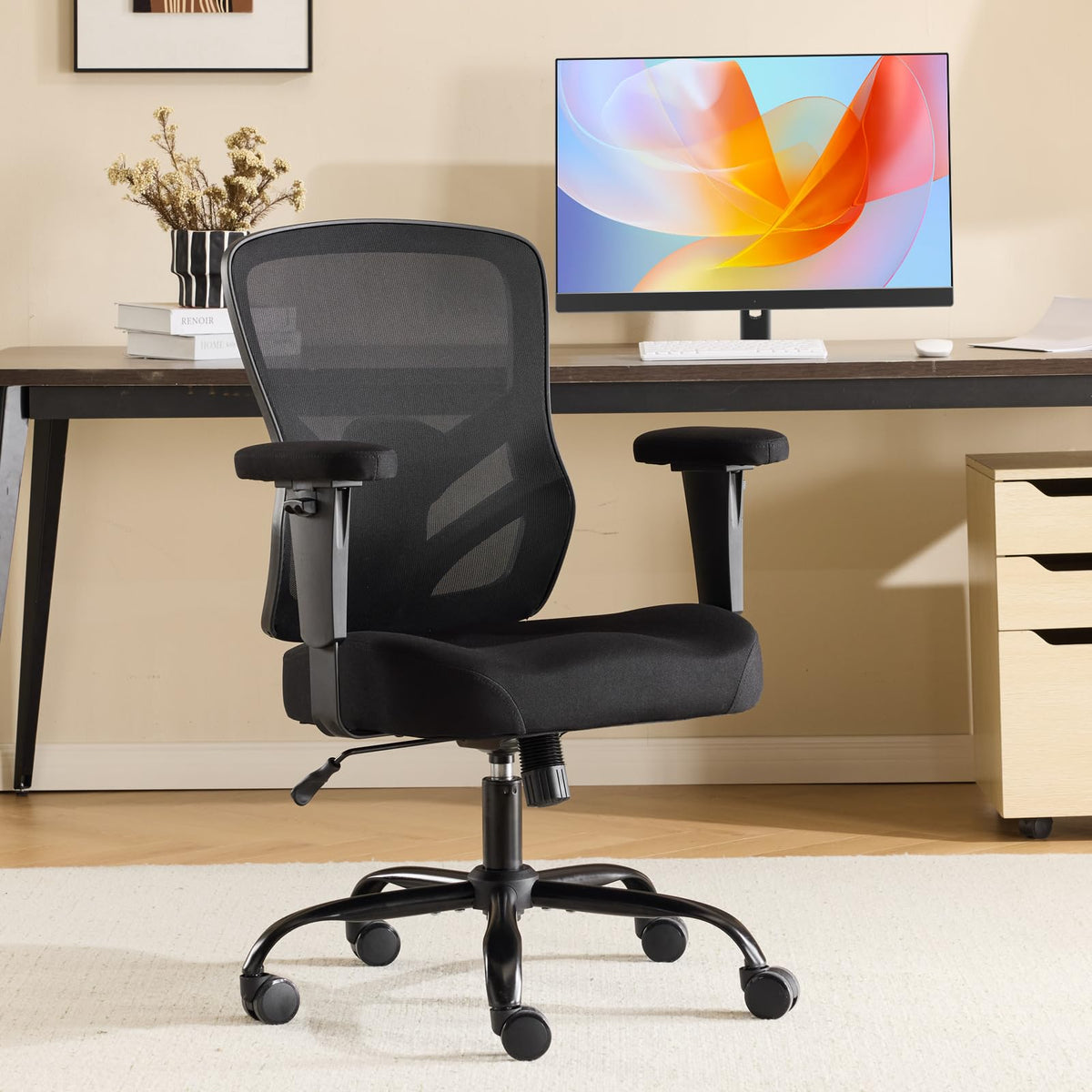 YFO Ergonomic Office Chair, Mesh Computer Desk Chair with Adjustable Back Lumbar Support and Armrests, Comfy Executive Rolling Swivel Task Chair for Home Office, Black