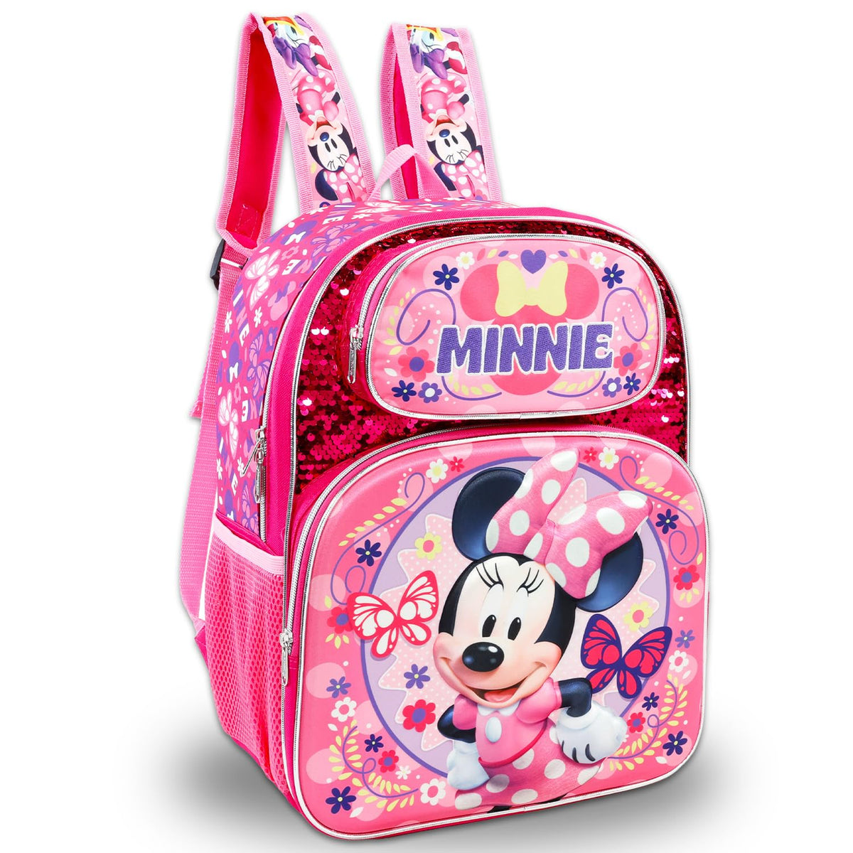 Minnie Mouse School Backpack for Girls - Bundle with 16” Disney Sequin Bag Plus Water Bottle, Stickers, More | Minnie School Supplies for Kids