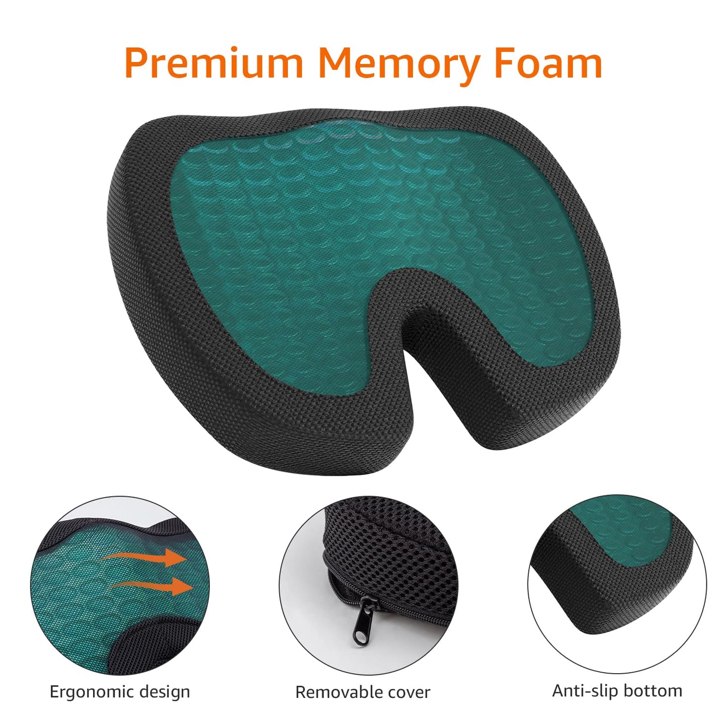 Amazon Basics Comfortable Seat Cushion for Office Chairs, Gel Enhanced Memory Foam, Non-Slip, Cooling Support for Long Sitting, Black