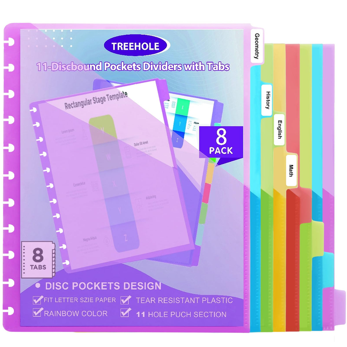 11 -Discbound Pocket Divider with 8 Tabs,2 Set Letter Size Tul Notbook Divider Folder Dis Planner Inserts for for Document Discbound System, Office Home School（16PCS
