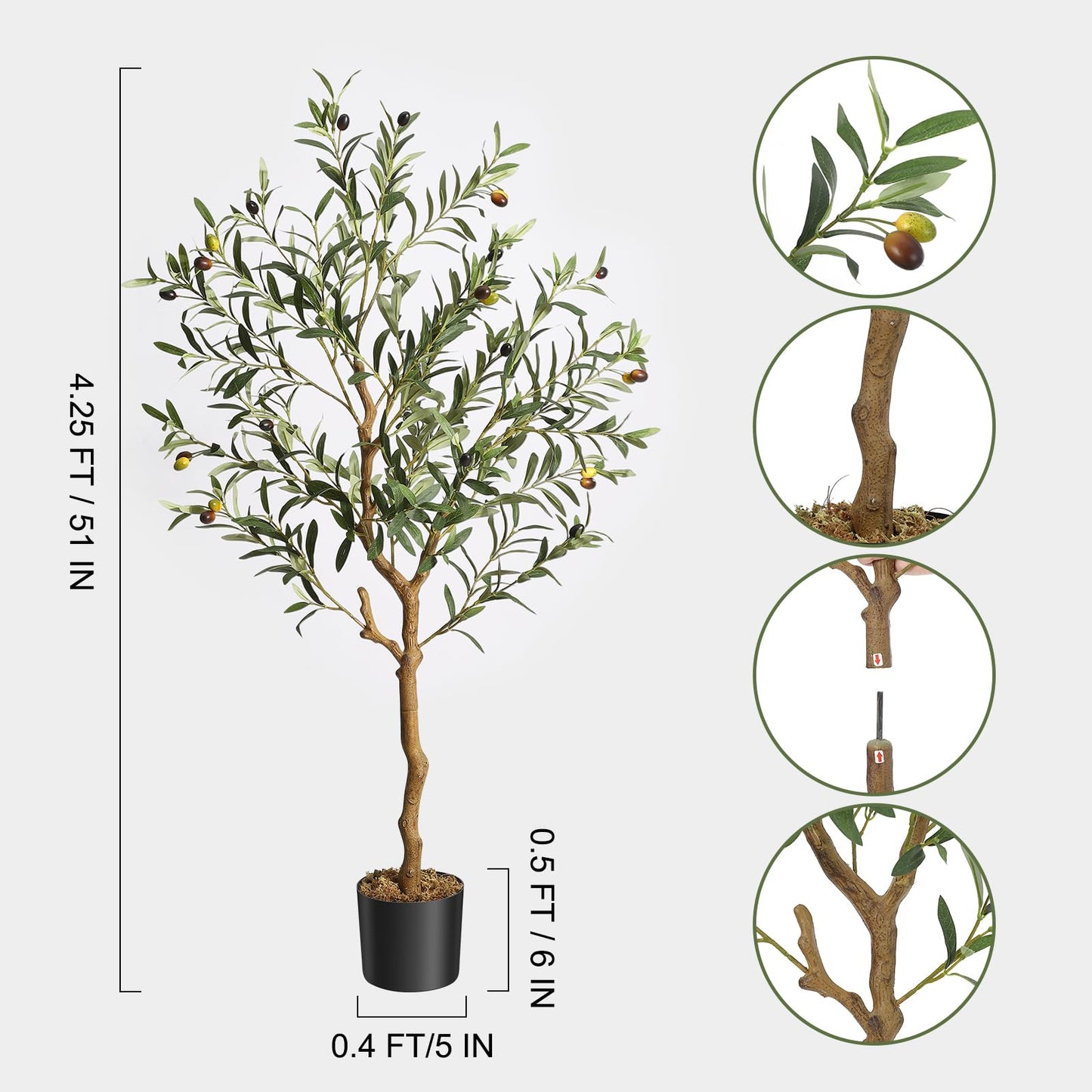 GAOMON Artificial Olive Tree 4.25FT(51in) Tall Faux Olive Trees with Silk Leaves for Home Office Living Room Decor Indoor Fake Olive Tree with Curved Wood Trunk and Lifelike Fruits 1 Pack