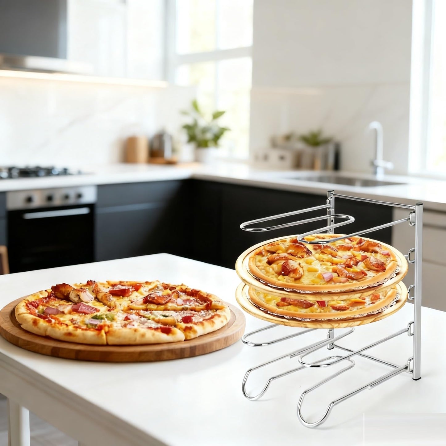 HBUYGF Pizza Rack, 5-Tier Stainless Steel Pizza Pan Storage Rack, Compact and Convenient Design for Easy Storage Multiple Pizzas pan 10.43" L x 8.52" W x 13" H, Pizza Pan R ack