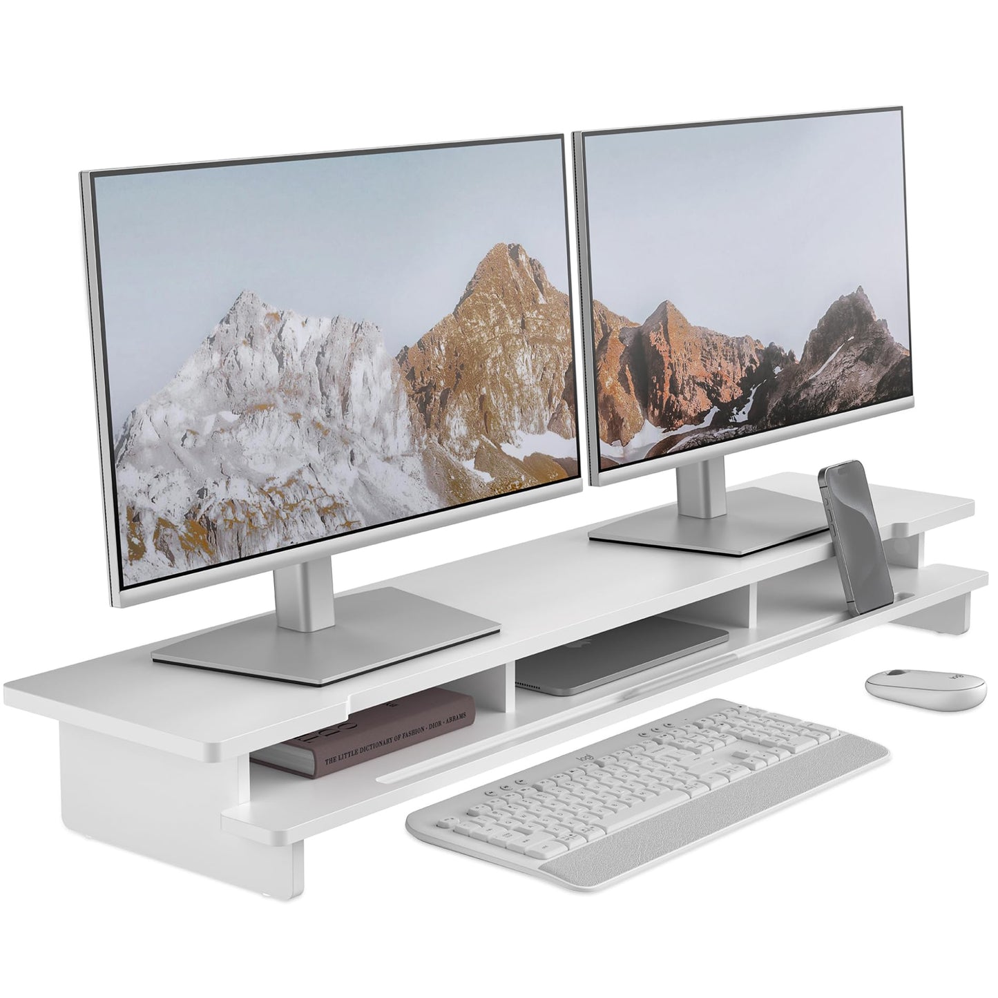WELL WENG Monitor Stand Dual Monitor Stand Riser for Desk,Wood Desk Shelf Storage Organizer with Phone Tablet Holder (42.5 Inch, White)