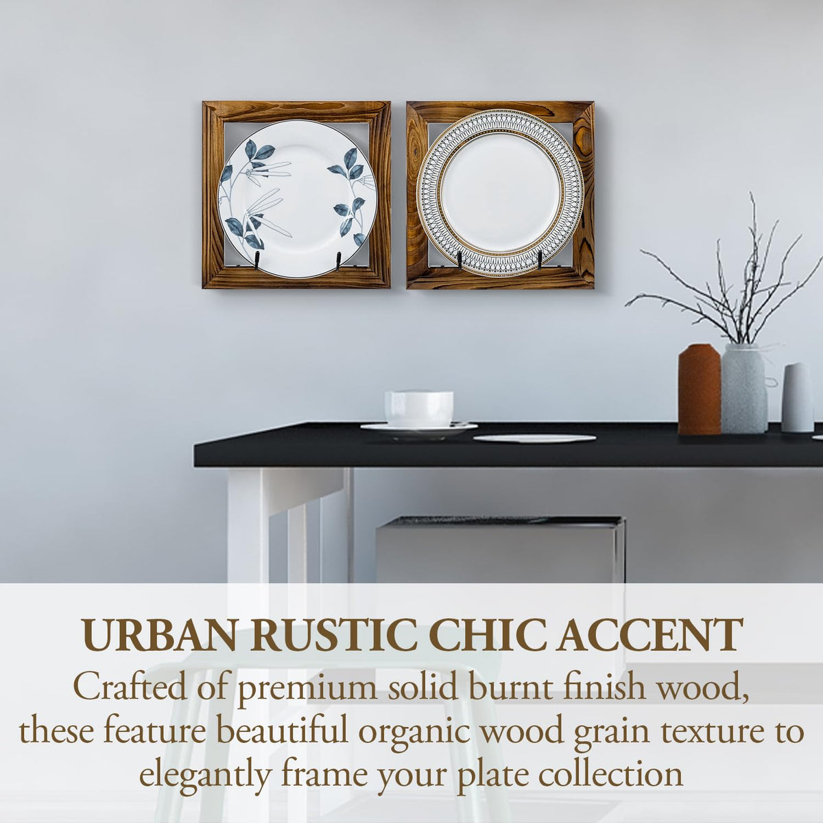 MyGift Set of 2 Wall Mounted Single Plate Holders with Decorative Wooden Frame, Rustic Burnt Solid Wood Display Racks and Black Metal Wire Hanger Hooks for 8 to 11 Inch Plates