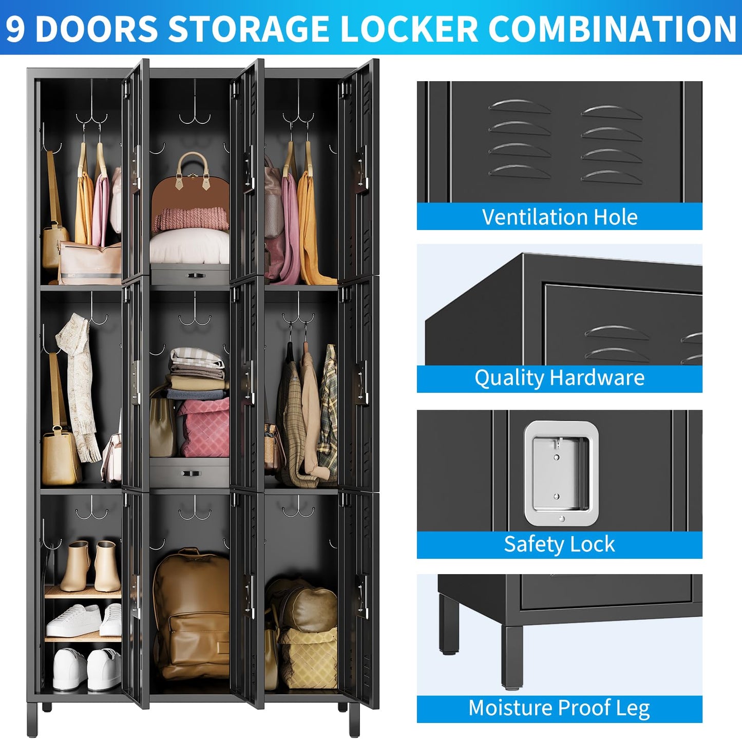 9 Door Locker Cabinet, Metal Lockers for Employees, Lockers Cabinet with 27 Hooks, Industrial Locking Cabinets with Ventilation Holes for Office, School, Gym, Warehouse, Easy Assembly, Black