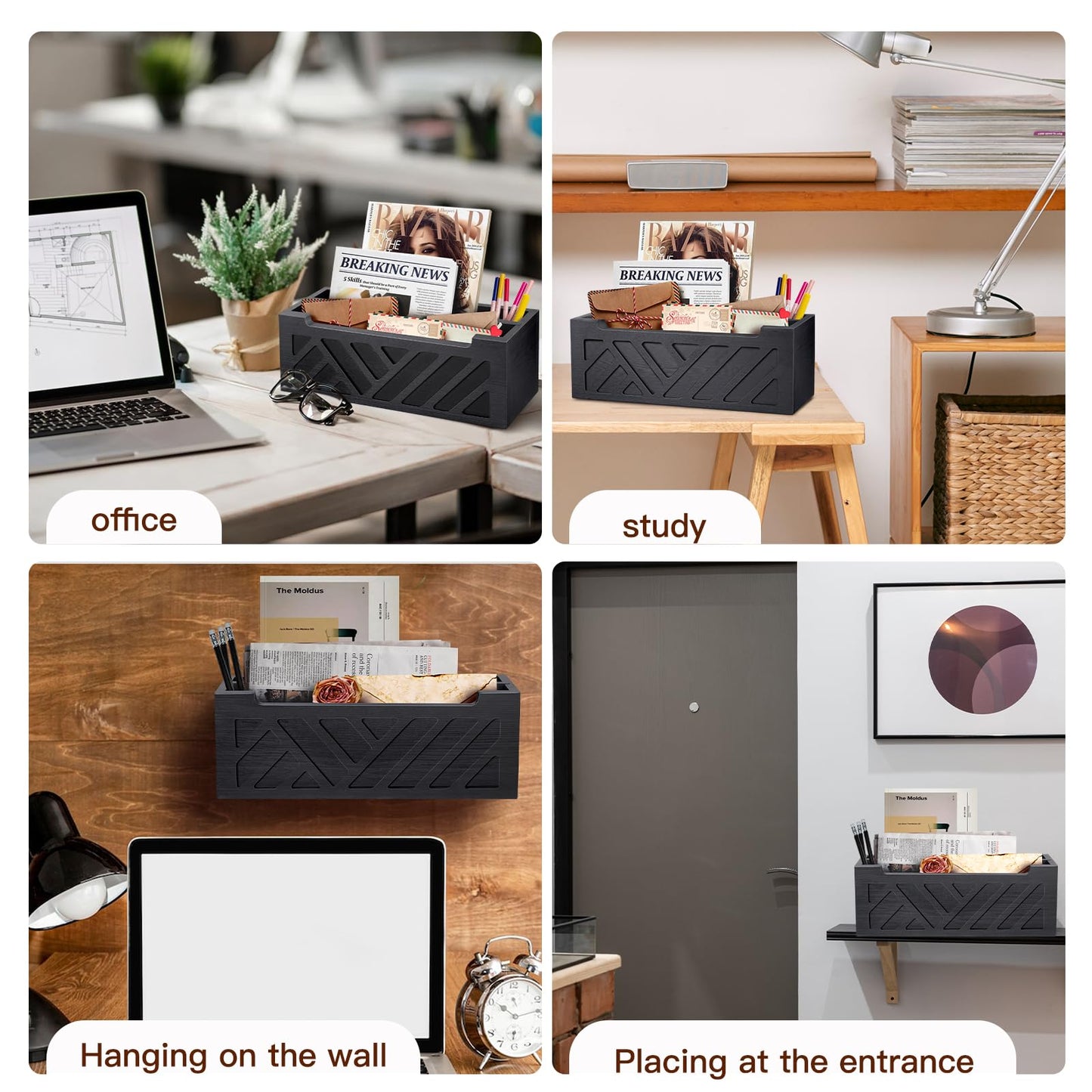 MINCORD Mail Organizer Mail Holder Countertop with 2 Slots, Wood Mail Basket for Wall Table Desk, Envelope Bill Holder for Home Office Decor (Black-2)