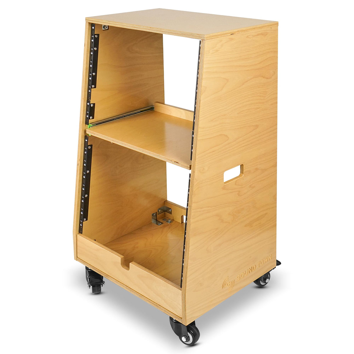 Sound Town DIY Slanted 16U Studio Rack (8U Top + 8U Lower), with 2U Bottom Storage, Slide-Out Tray, Caster, Plywood, Golden Oak for Recording Room, Home Studio (SDRK-ST16T)