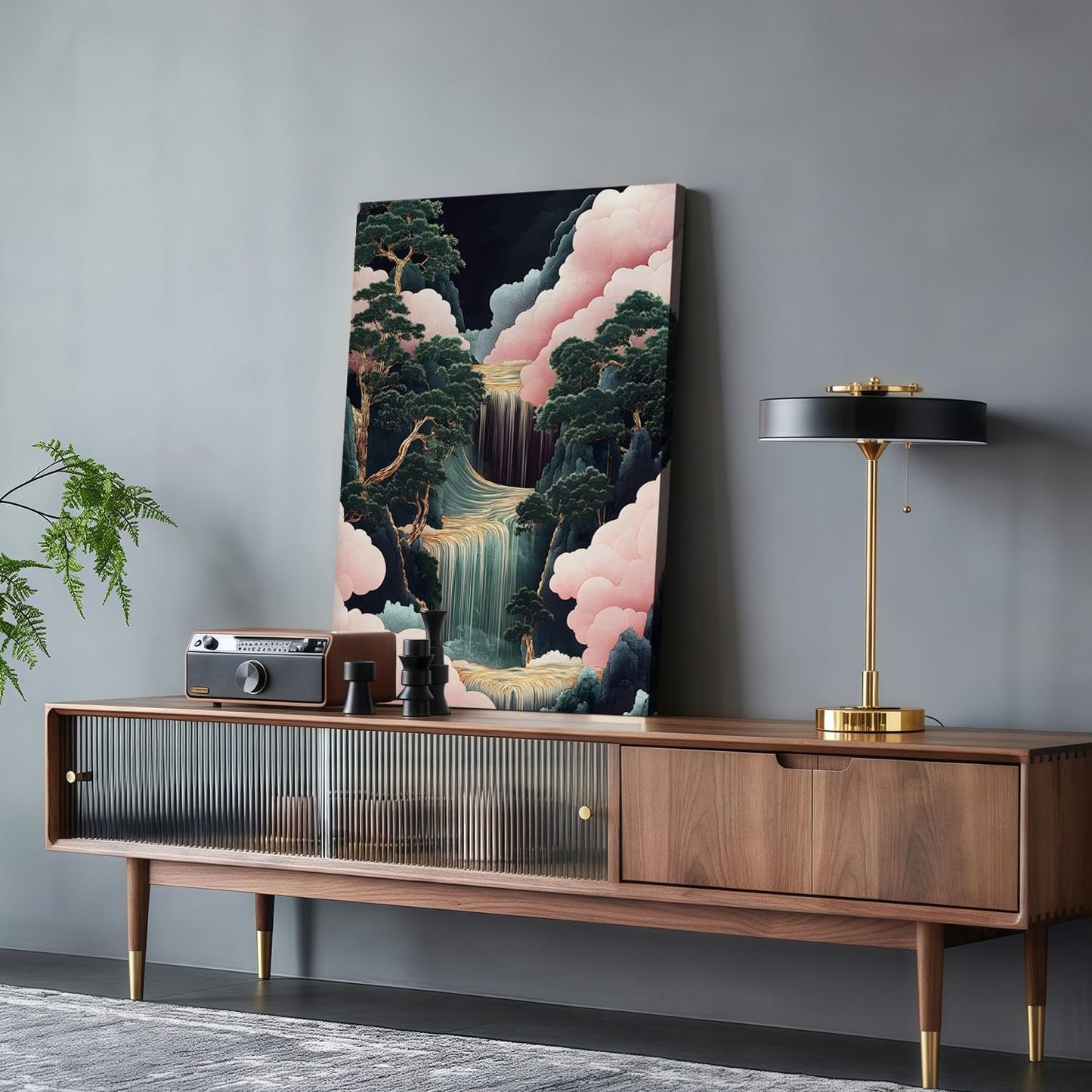Framed Japanese Waterfall Landscape Picture Pink Clouds Wall Art Decor Canvas Print Nature Print Artwork Poster Gallery Bedroom Living Room Office 12x16 Inch Ready to Hang