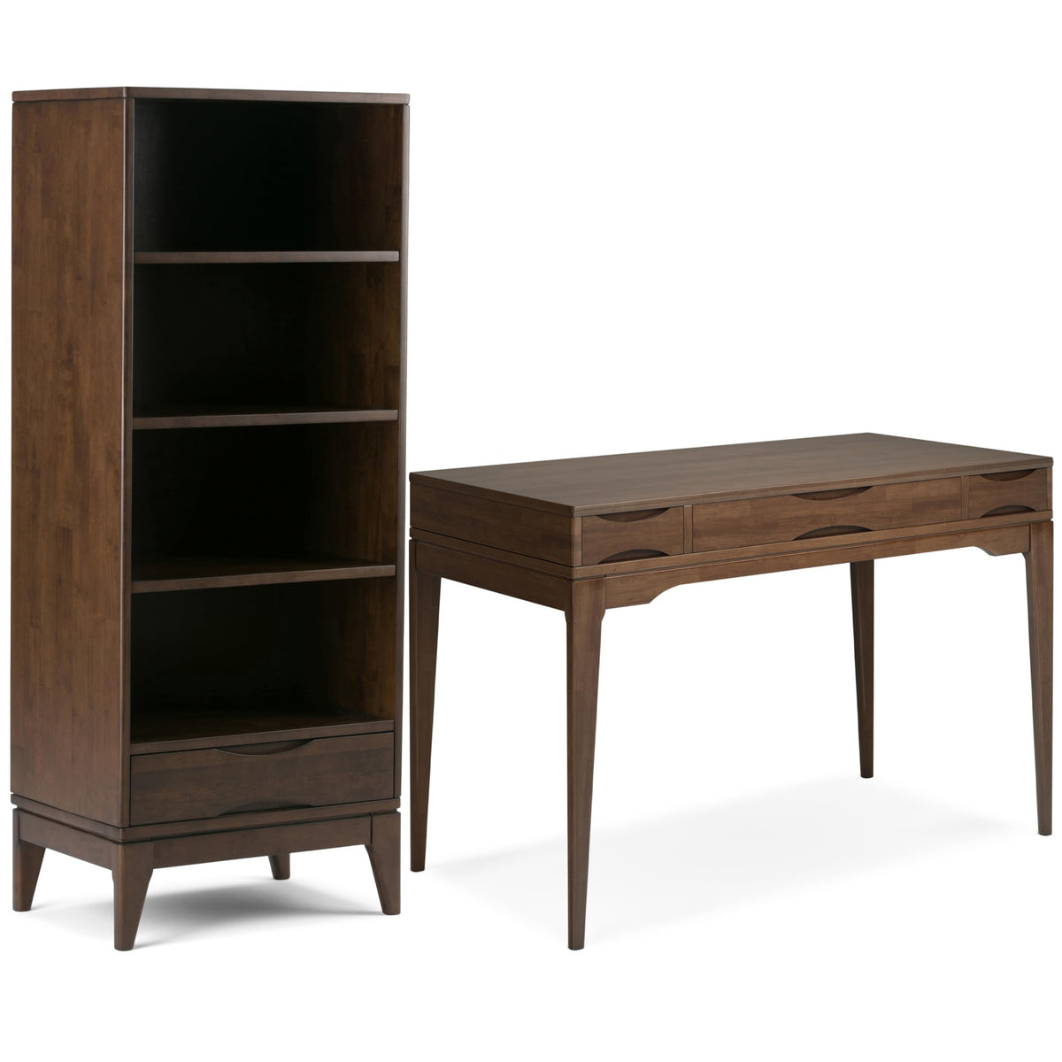 SIMPLIHOME Harper Desk and Bookcase Bundle - 48 inch Wide Solid Wood Mid Century Modern Desk with Drawers and 24 inch Wide 4-Shelf Bookcase in Walnut Brown, Home Office Furniture (Set of 2)